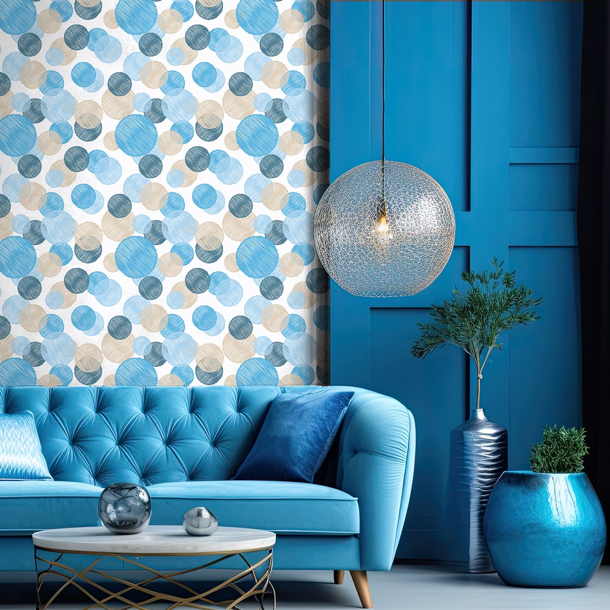 Tapeta włókninowa z klejem - BOHO ETHNIC BLUE CIRCLES - 1 rolka 300x60 cm
