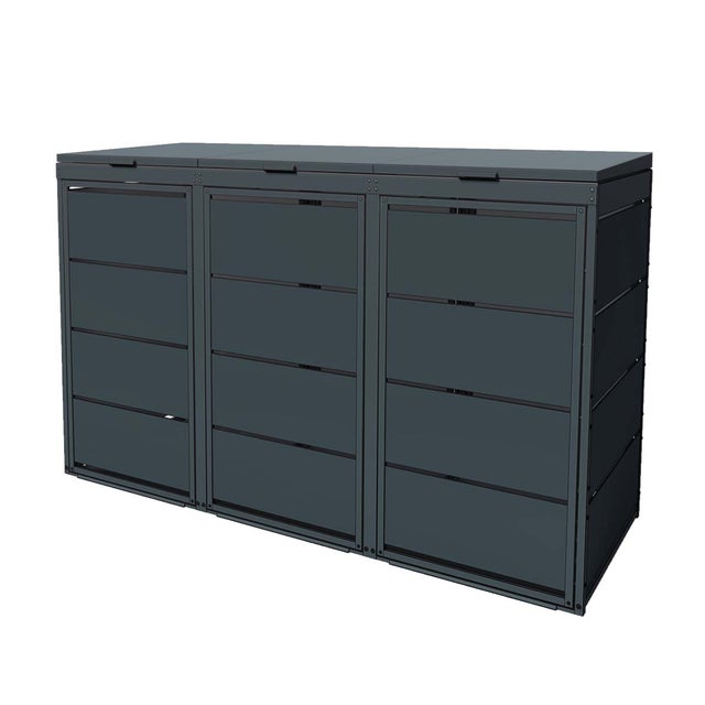 Cache poubelle extérieur triple en acier galvanisé - Abri poubelle pour 3 conteneurs 240 Litres - Anthracite RAL7016