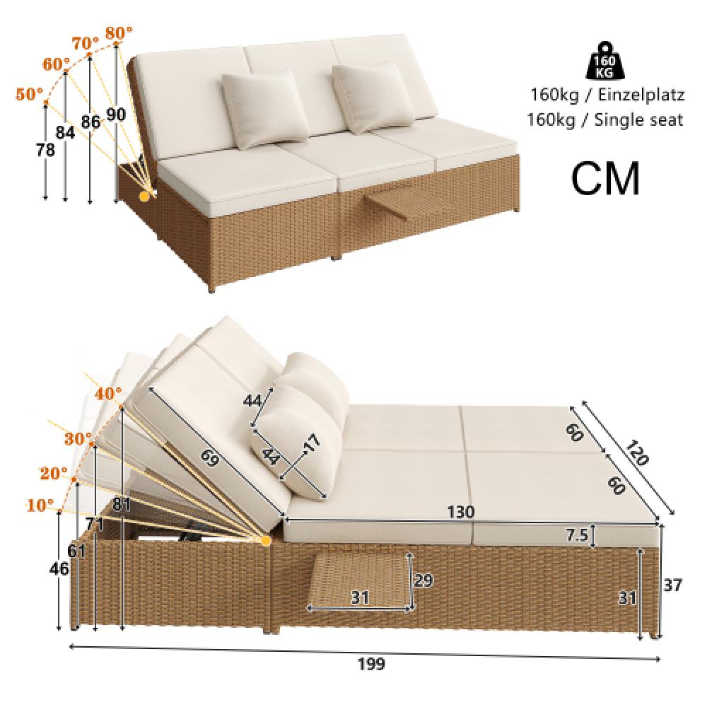 Espreguiçadeira dupla para exterior em rattan, sofá de rattan, móveis de jardim dobráveis, com almofadas, resistente ao clima, branco - 2