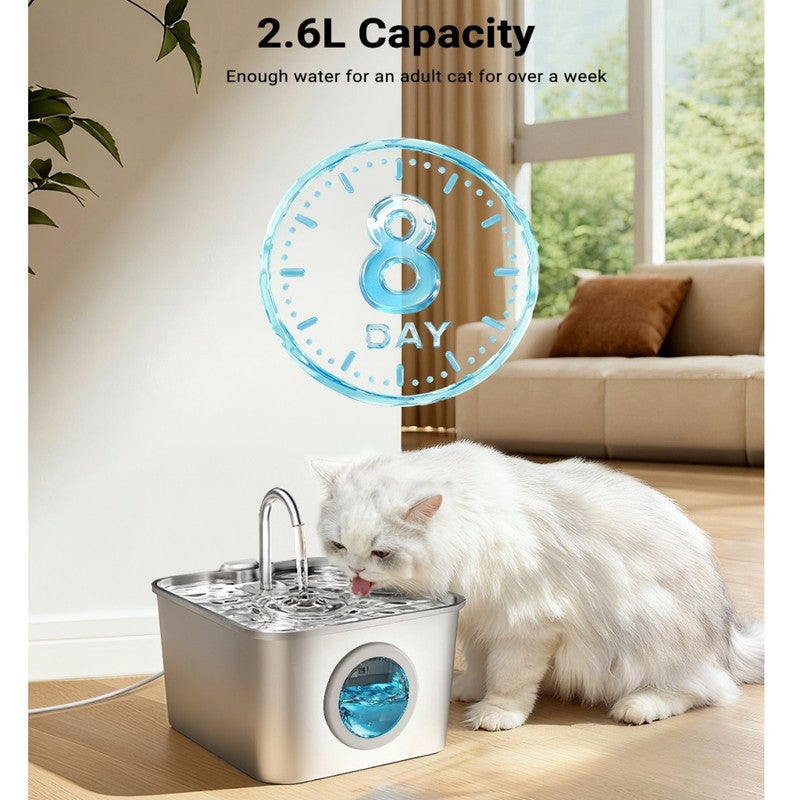 Acier inoxydable Fontaine à eau pour animaux de 2,6 L avec filtration 3 étages, chrome,avec réservoir transparent + 3 filtres + 3 mousses + 1 brosse - 2