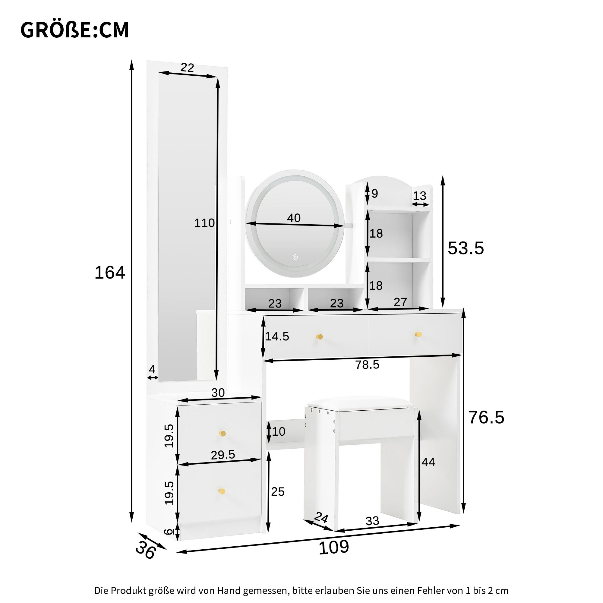 Toletta con specchio LED a 3 colori, sgabello, 4 cassetti, specchio a figura intera + 2 ripiani - 109 x 36 x 164 cm - Pannello truciolare - Bianco - 9