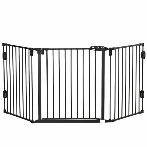 Barrera para perros plegable con puerta automática – madera, blanca, 202,5x76 cm– comfortxl