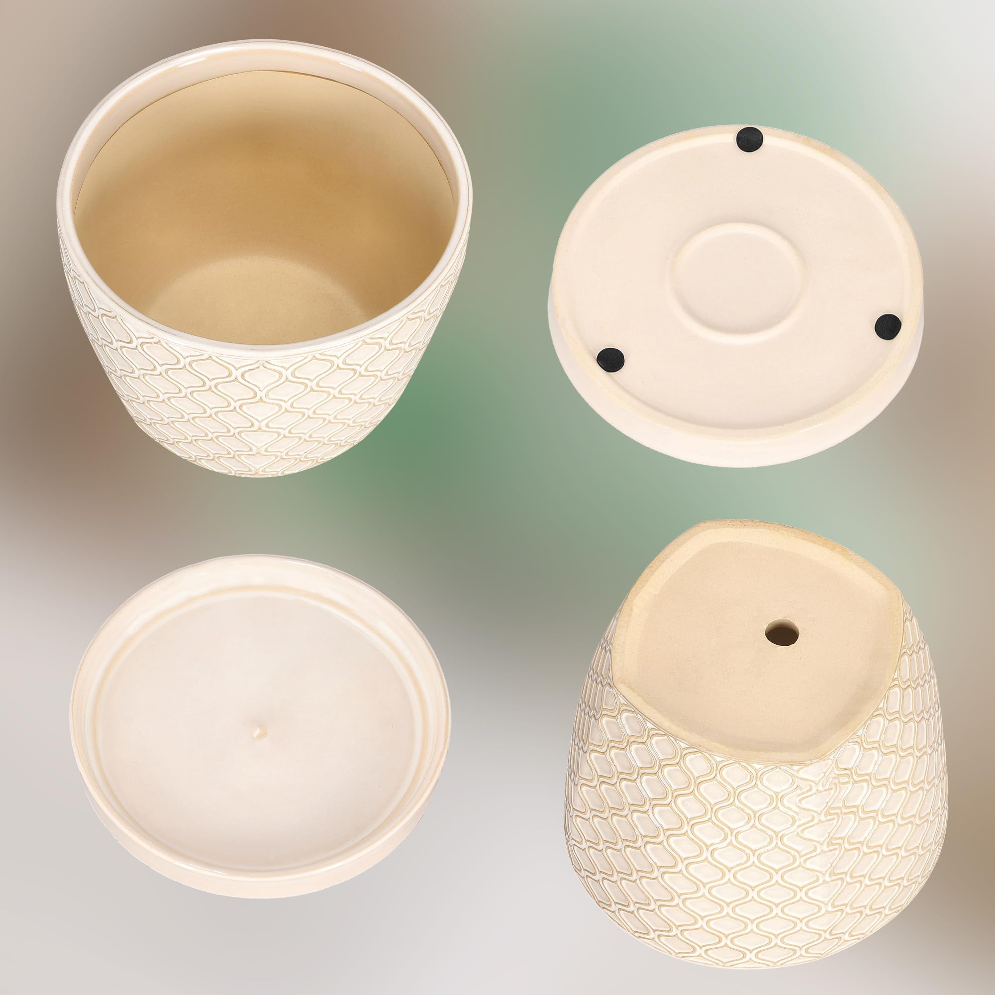 Doniczka donica osłonka ceramiczna z podstawką kwiaty rośliny zielona ⌀15cm - KOTARBAU - 6