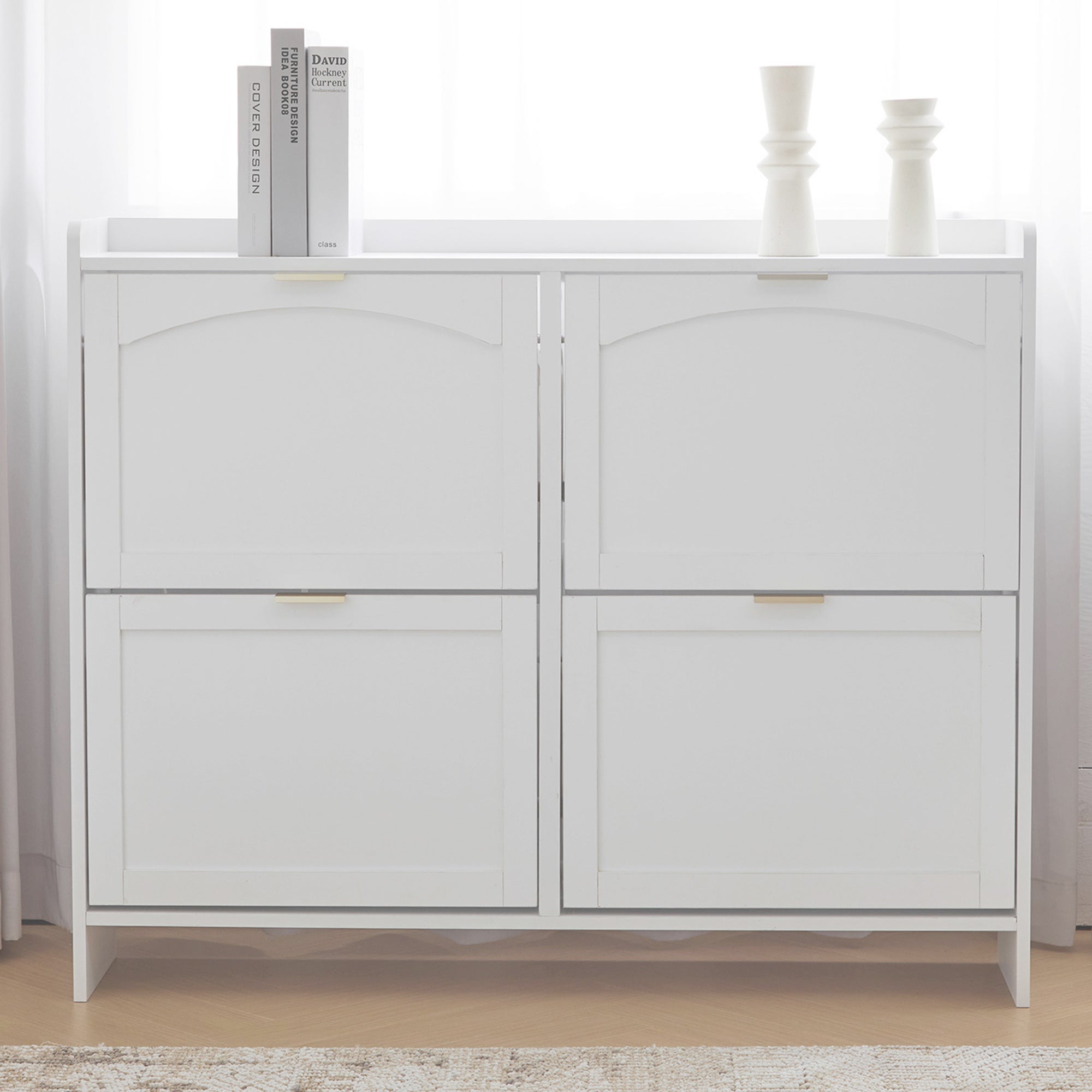 Meuble à chaussures avec 4 portes à rabat - 110 x 24 x 90 cm - Panneau de particules - Blanc - 5