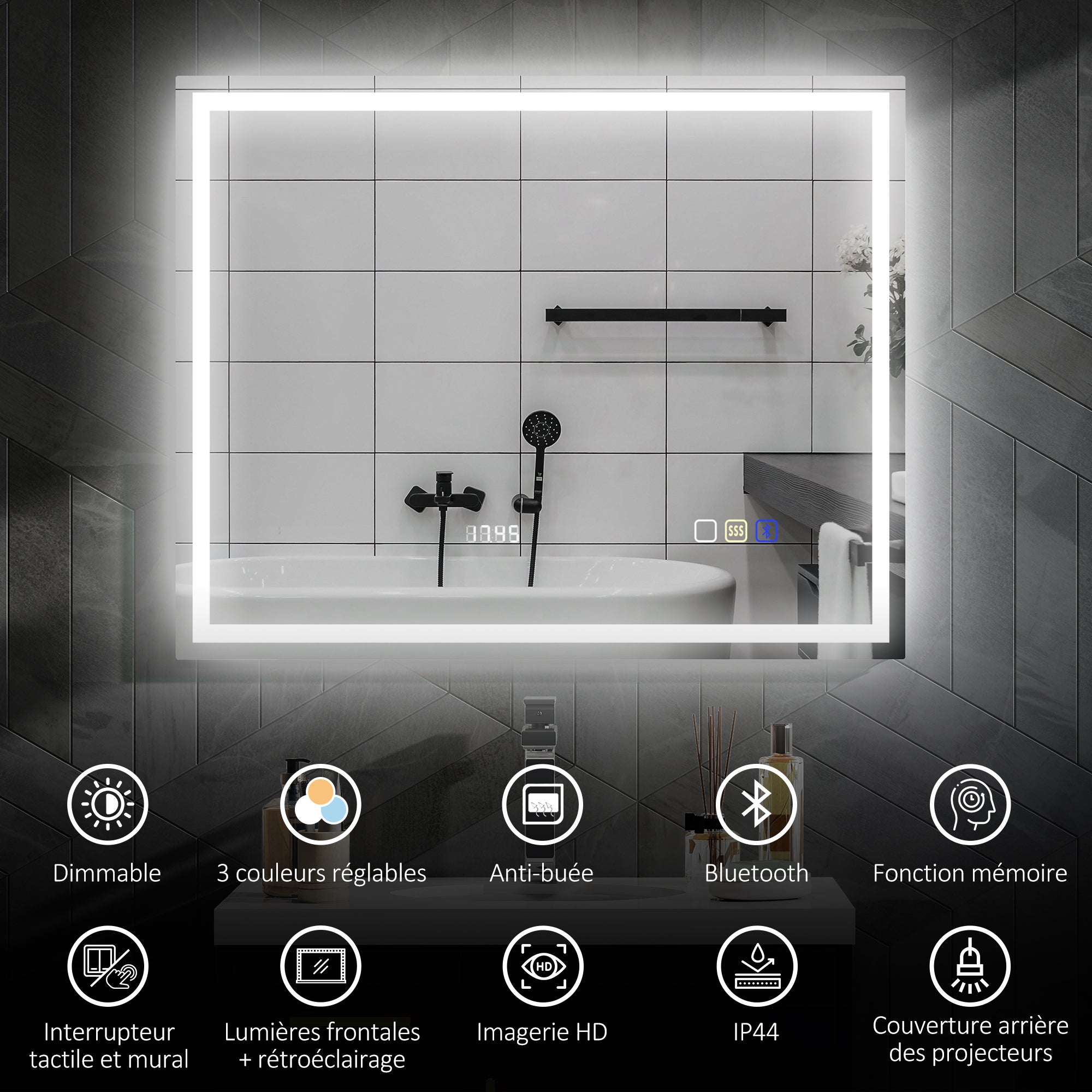 Miroir salle de bain LED bluetooth 80 x 100 cm interrupteur tactile lumière réglable 3 couleurs anti-buée mémoire argent - 6