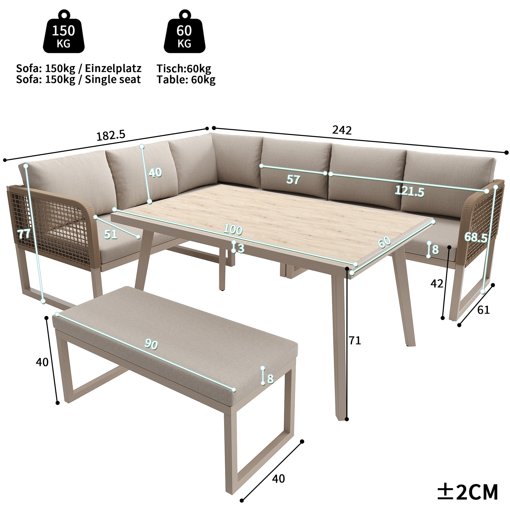 Salon de Jardin d'extérieur 6-8 places,Avec coussin d'assise et dossier,Rotin PE tissé à la main,Canapé de jardin résistants aux intempéries,Beige - 4