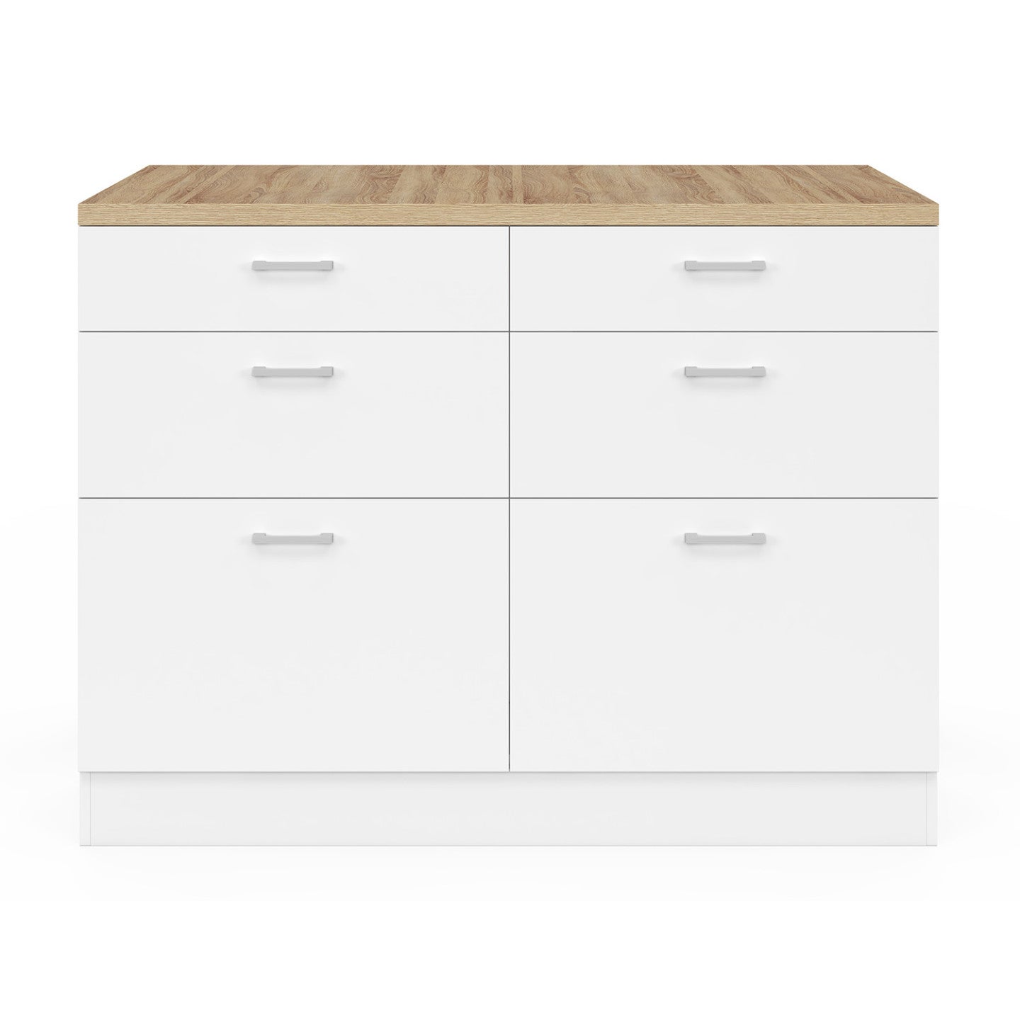 Ilot central mange-debout ORSO 120 cm casserolier 6 tiroirs blanc avec plan de travail façon hêtre - 3