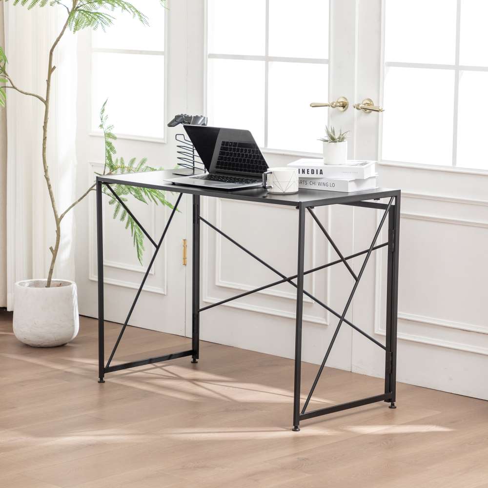 Bureau pliable noir compact, MDF résistant à l’eau, multifonction pour petits espaces et home office - 6