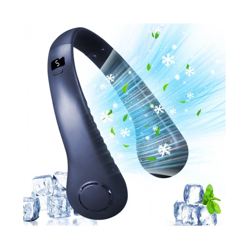 Niebieski przenośny wentylator bezłopatkowy na szyję, 5 prędkości, wyświetlacz cyfrowy, duża pojemność 3000 mAh, mały wentylator ręczny z możliwością