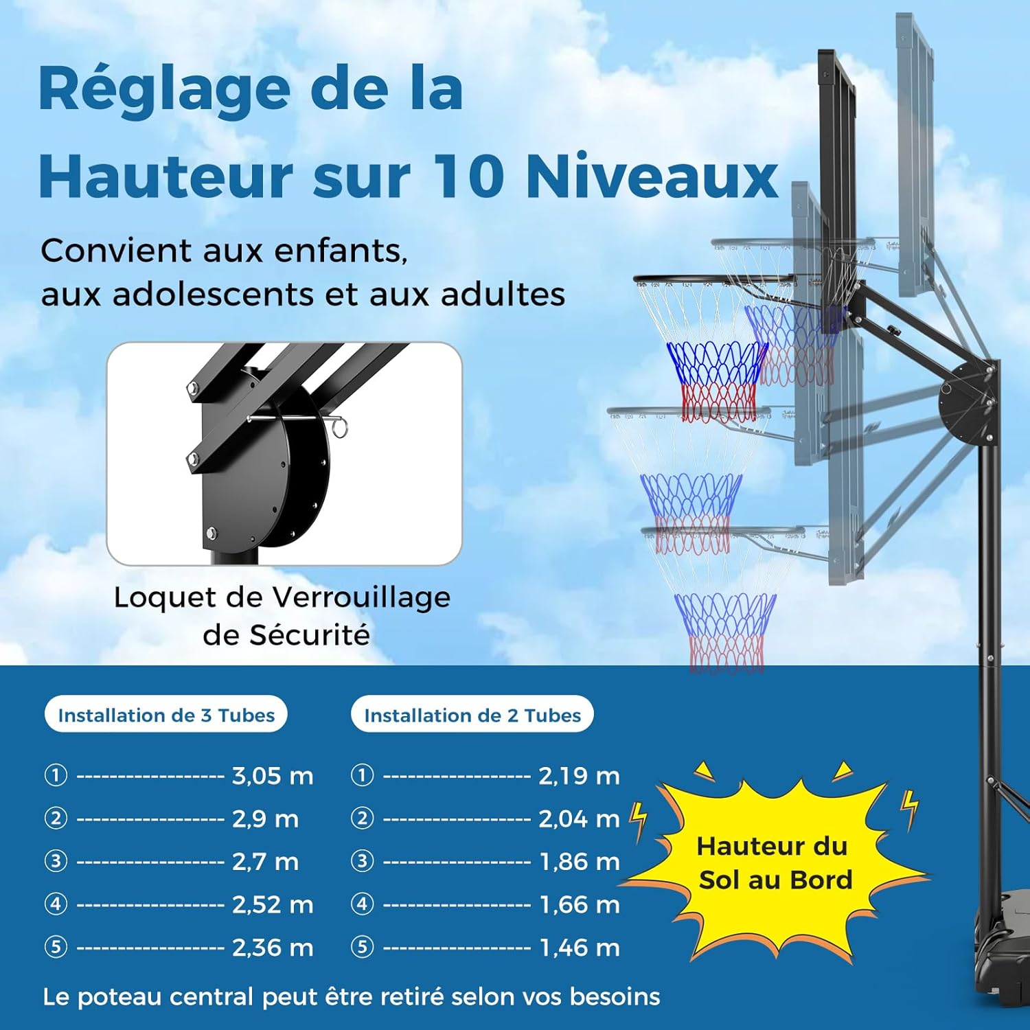 Cesto de basquetebol em suporte Altura ajustável a 10 níveis 149-305 CM, conjunto de basquetebol Base enchível Saco de peso Painel traseiro - 4