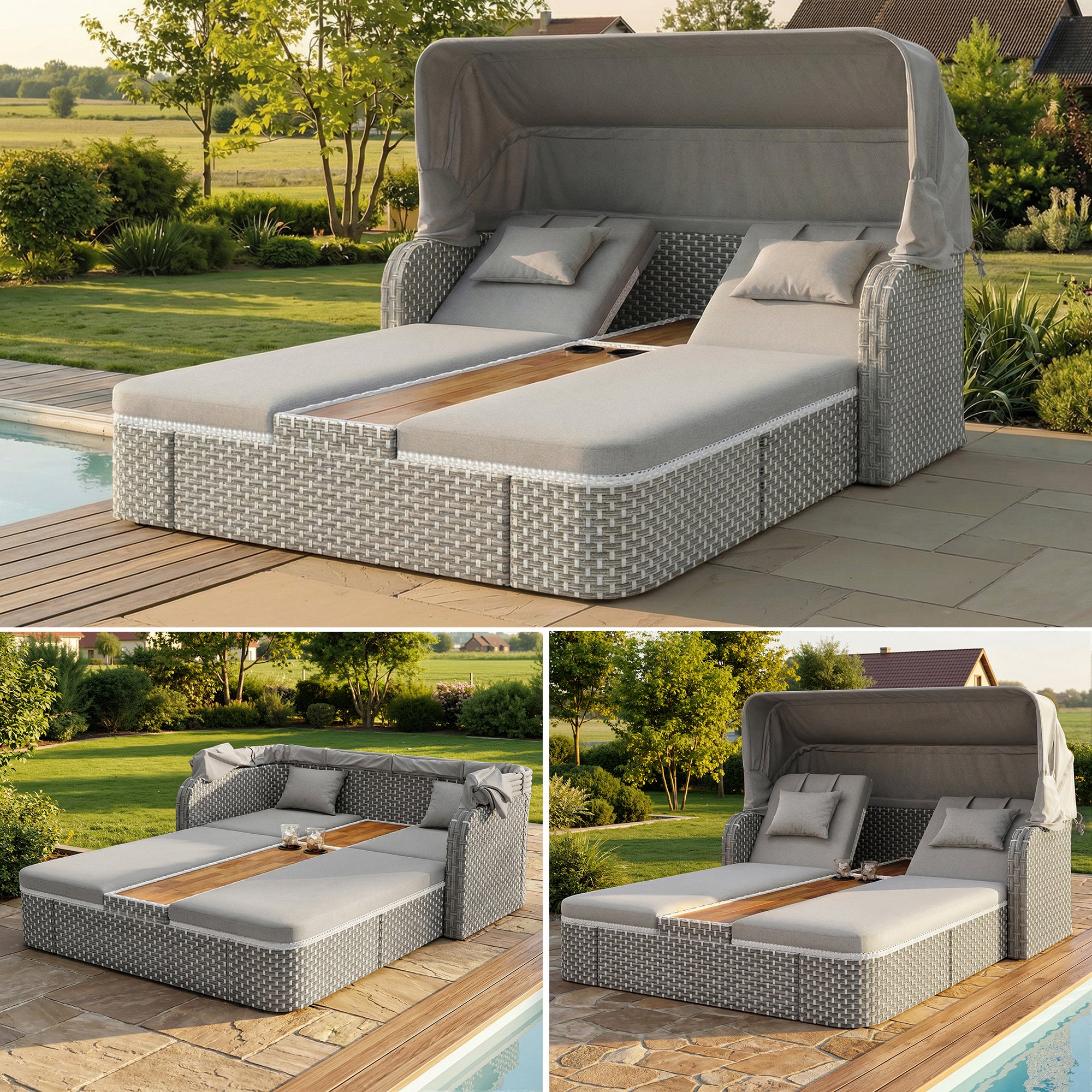 Zestaw wypoczynkowy ogrodowy z 2 miejscami do leżenia, parasolem i 2 uchwytami na kubki – 192 x 160 x 137 cm – rattan PE, akacja i tkanina – szary