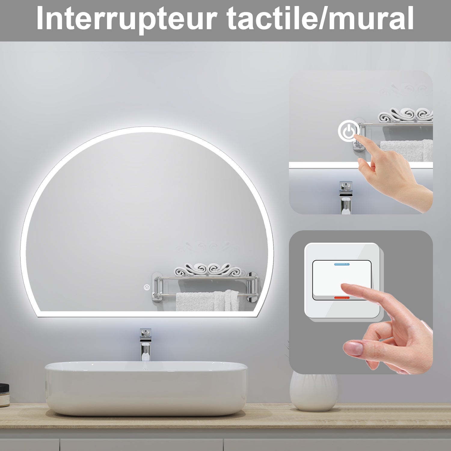 Miroir de salle de bain lumineux 80x60cm avec Anti-Buée + 3 Couleurs + Dimmable, Miroir LED Mural - 6
