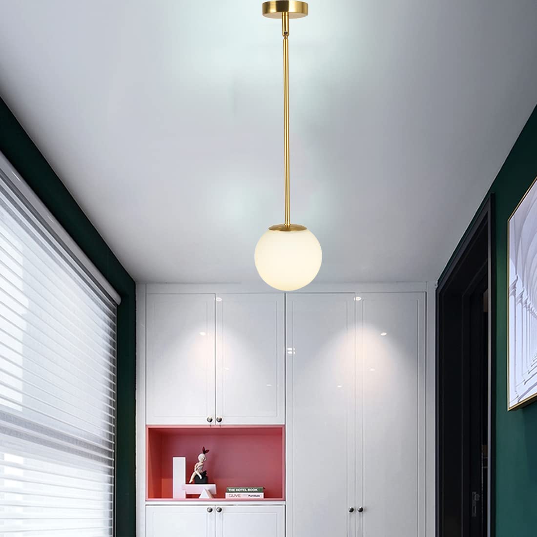 Żyrandol LED wysokiej klasy, lampa wisząca Mid-Century z żarówką i szklanym kloszem, regulowany pręt sufitowy, ciepłe światło 3000K (φ25 cm) - 9