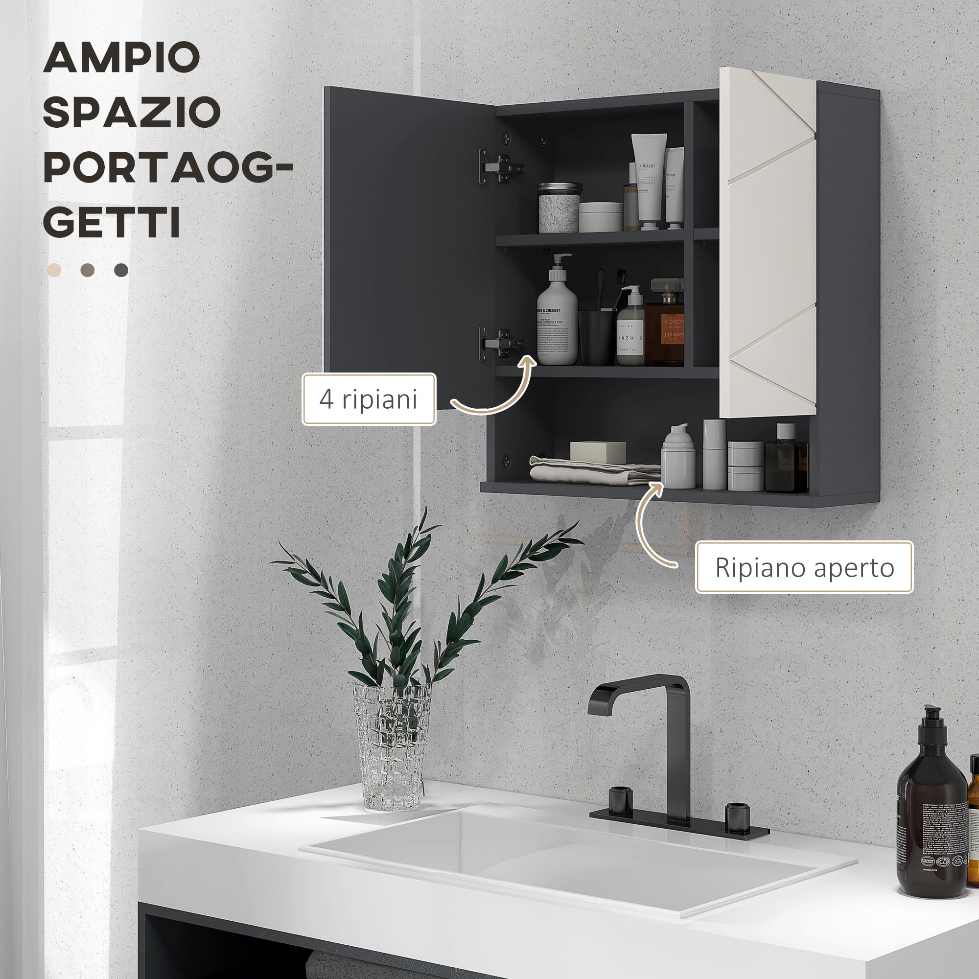 kleankin Armadietto con Specchiera Bagno a 2 Ante e Mensole Regolabili in Legno, 55x17x55cm, Grigio - 4