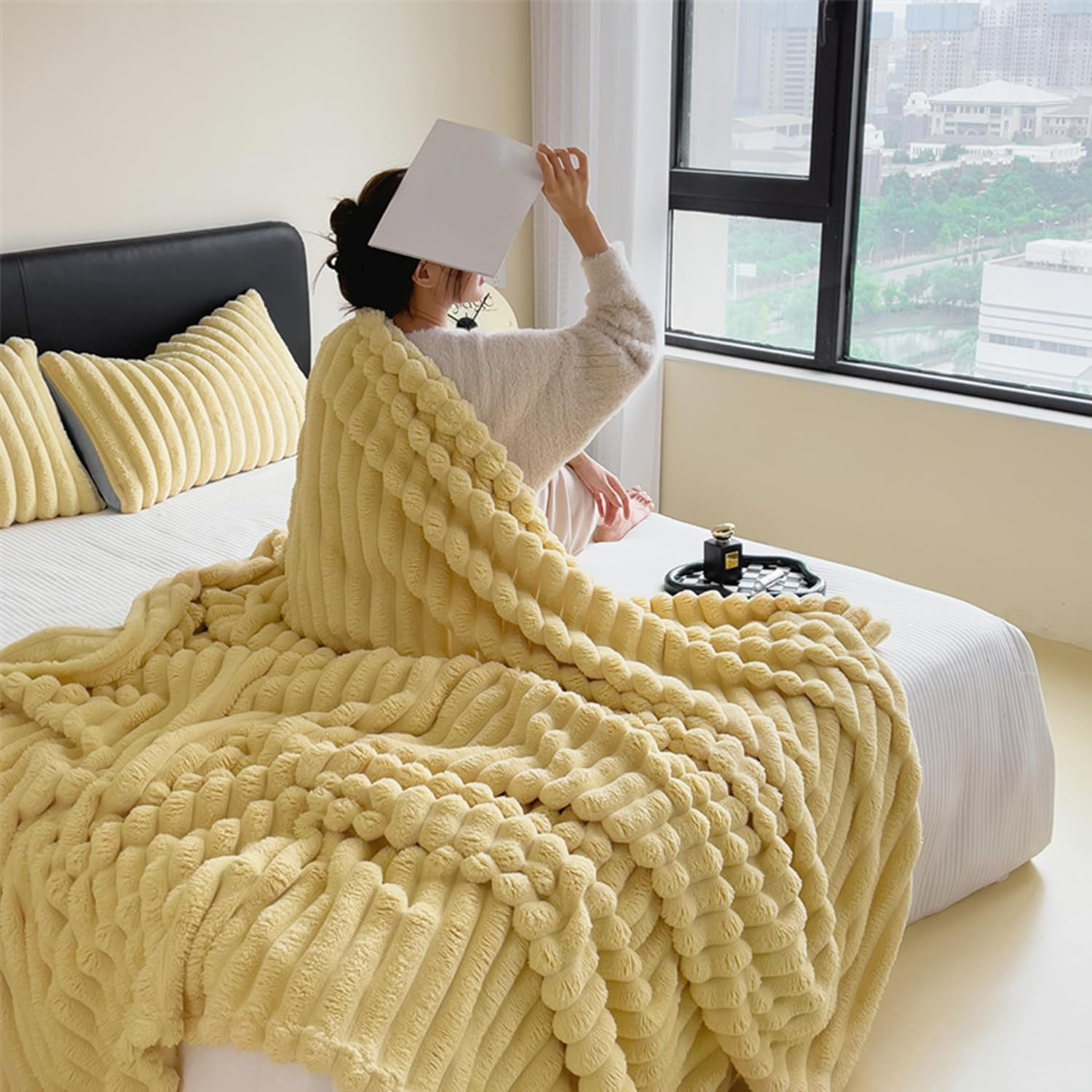 Couverture en laine, plaid, jeté de canapé, doux et confortable, poils longs, hiver - jaune - 120 x 200 cm - 3