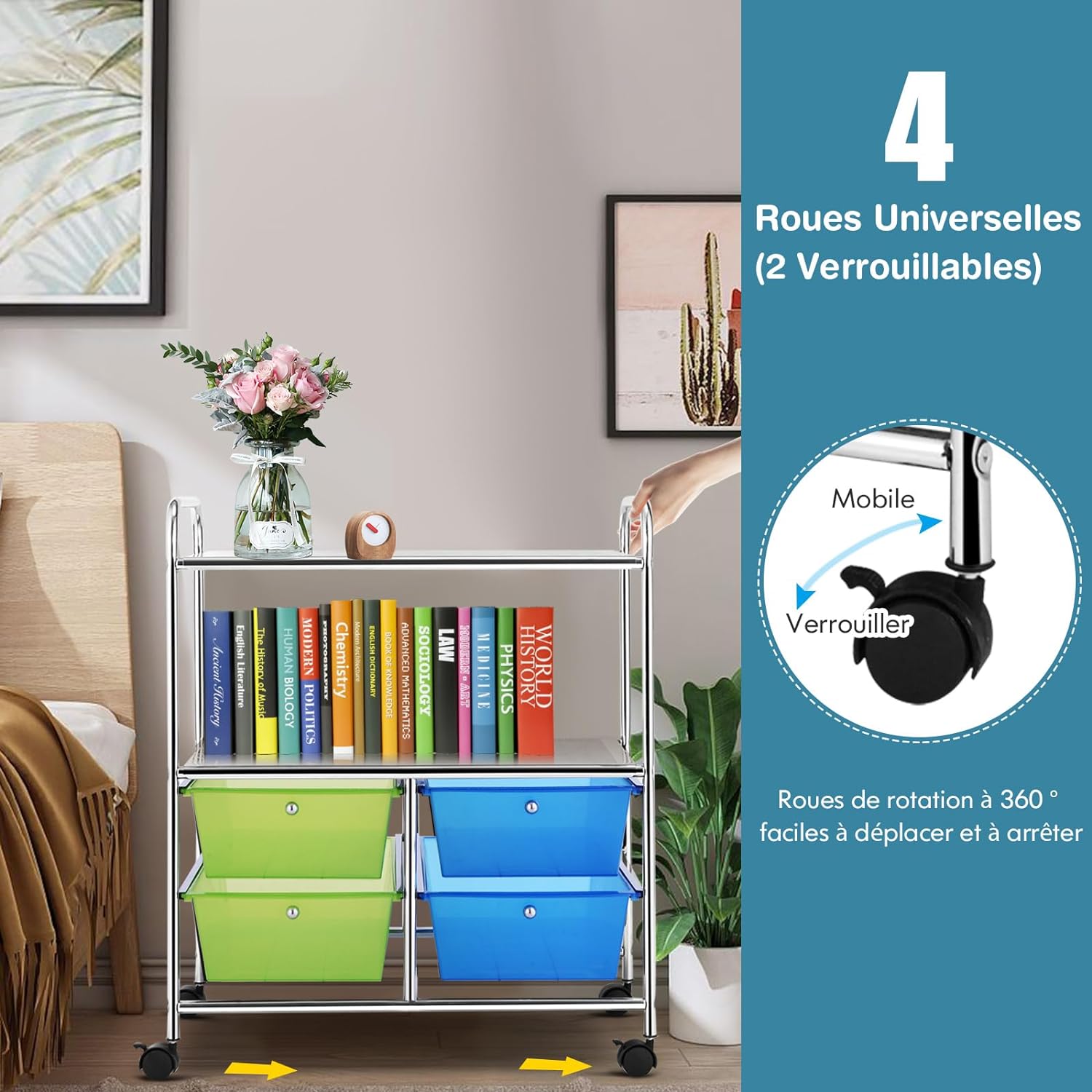 Carrello Portaoggetti con Ruote, 4 Cassetti, Carrellino Organizzatore Salvaspazio, per Uffici, Parrucchieri, 63,5 x 37 x 75 cm (Verde) - 7