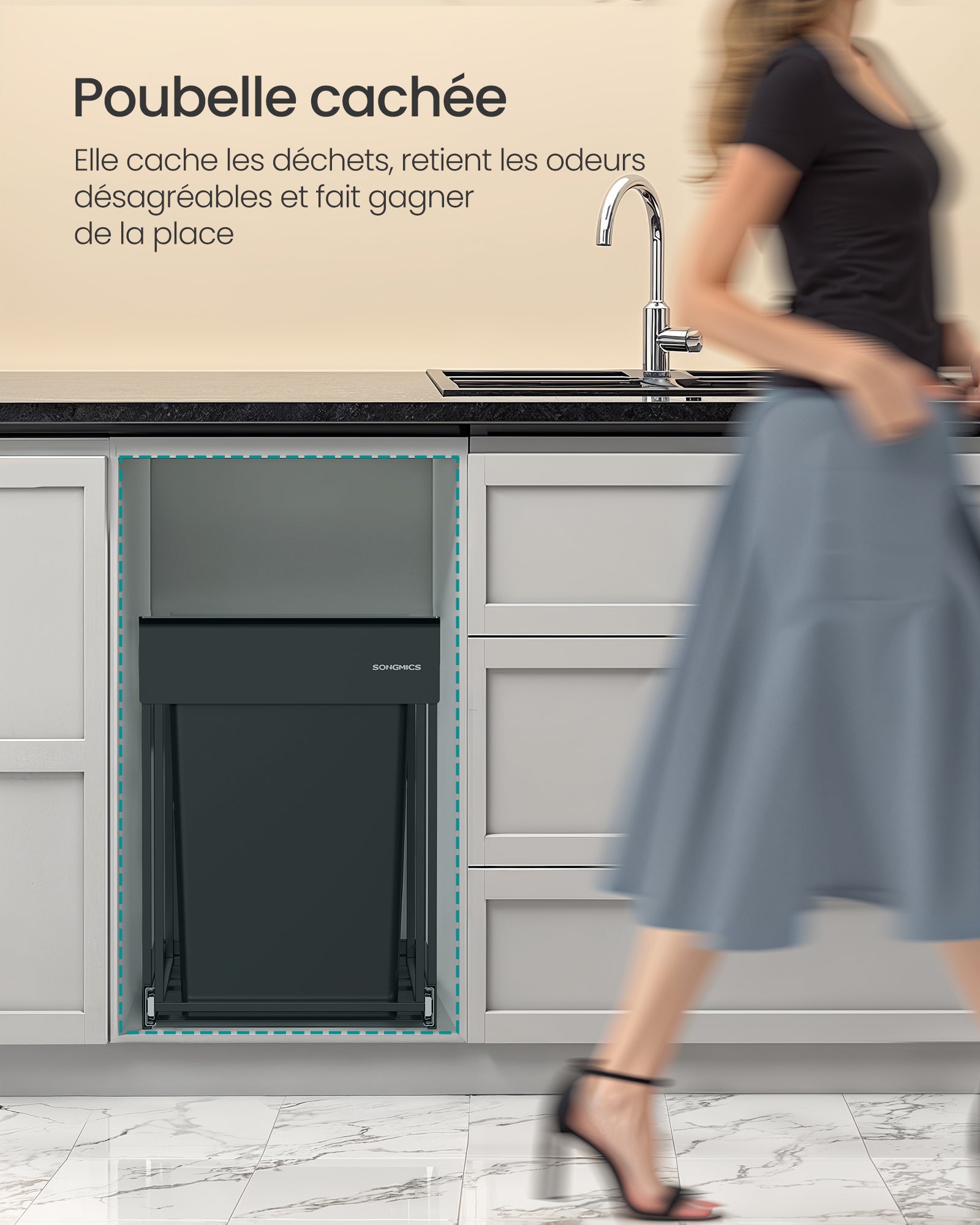 Poubelle de Tri Sélectif, Poubelle de Cuisine Extractible Coulissante, 2 Seaux de 20 L, Coulissement en Douceur, Noir d'Encre - 3