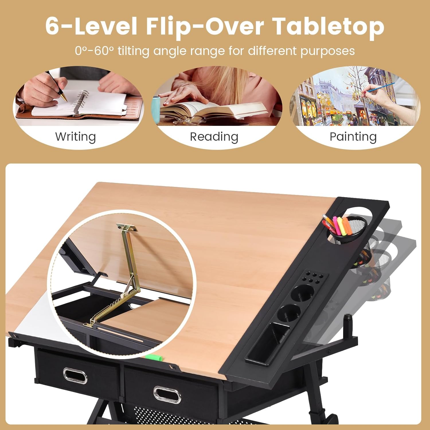 Table a Dessin Inclinable avec Tabouret, Station de Dessin Hauteur Reglable 65-90,5 CM, Plateau Coulissant, 2 Grands Tiroirs et Porte-Stylo - 6