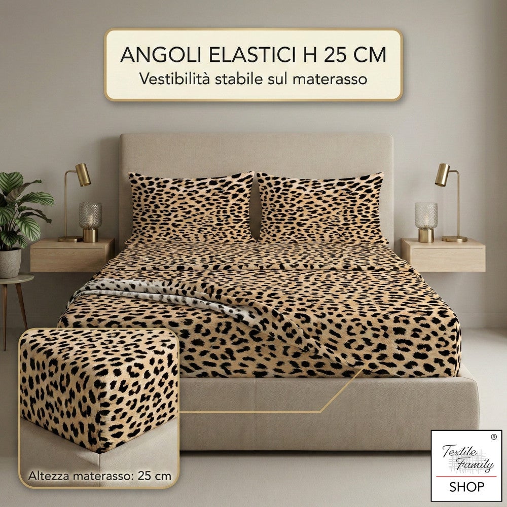 Juego de sábanas Safari Leopard 100% algodón hecho en Italia – abajo con esquinas H 25 cm Dos cuadrados - 3