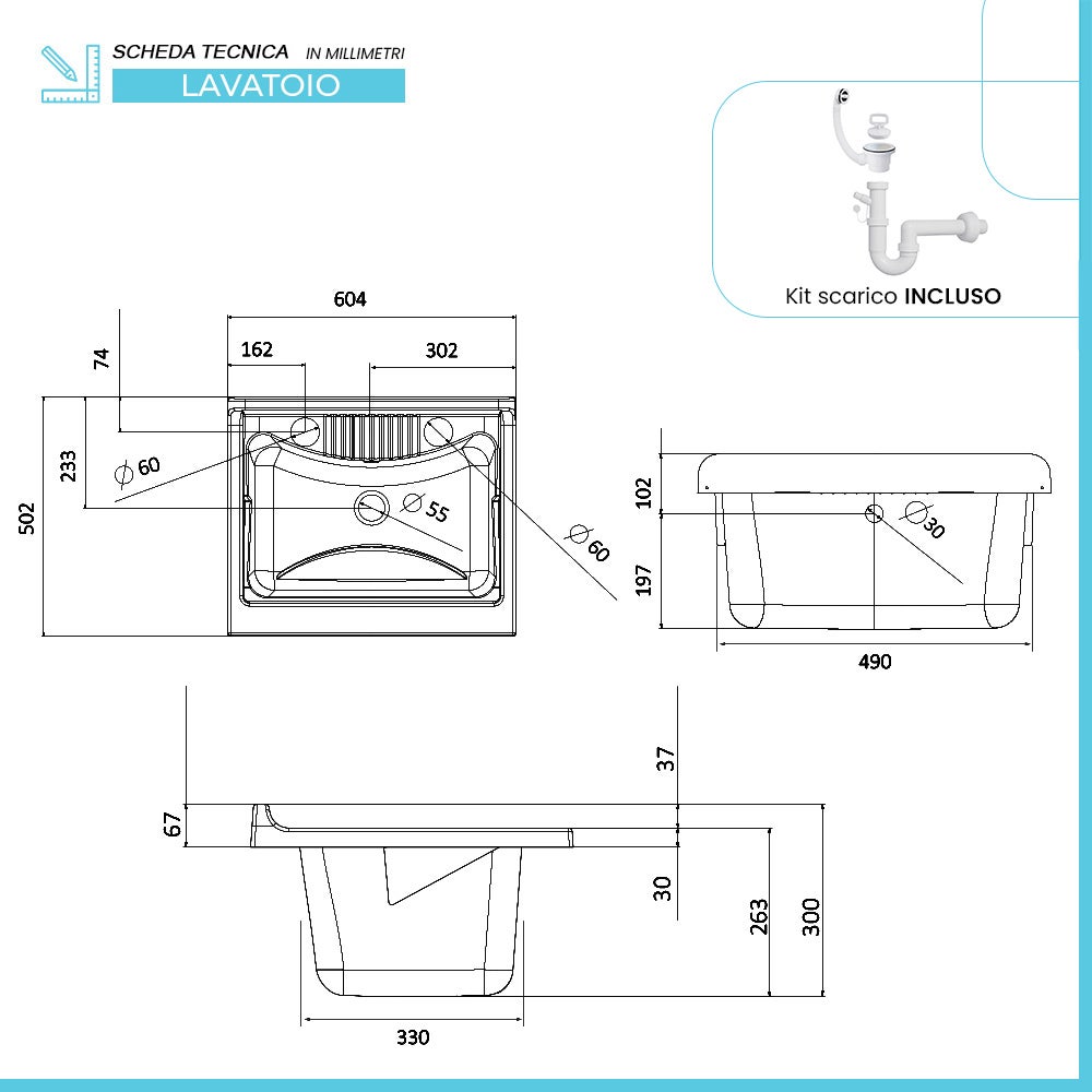 Mobile lavatoio 60x50 cm vasca in resina con asse e kit di scarico - 3