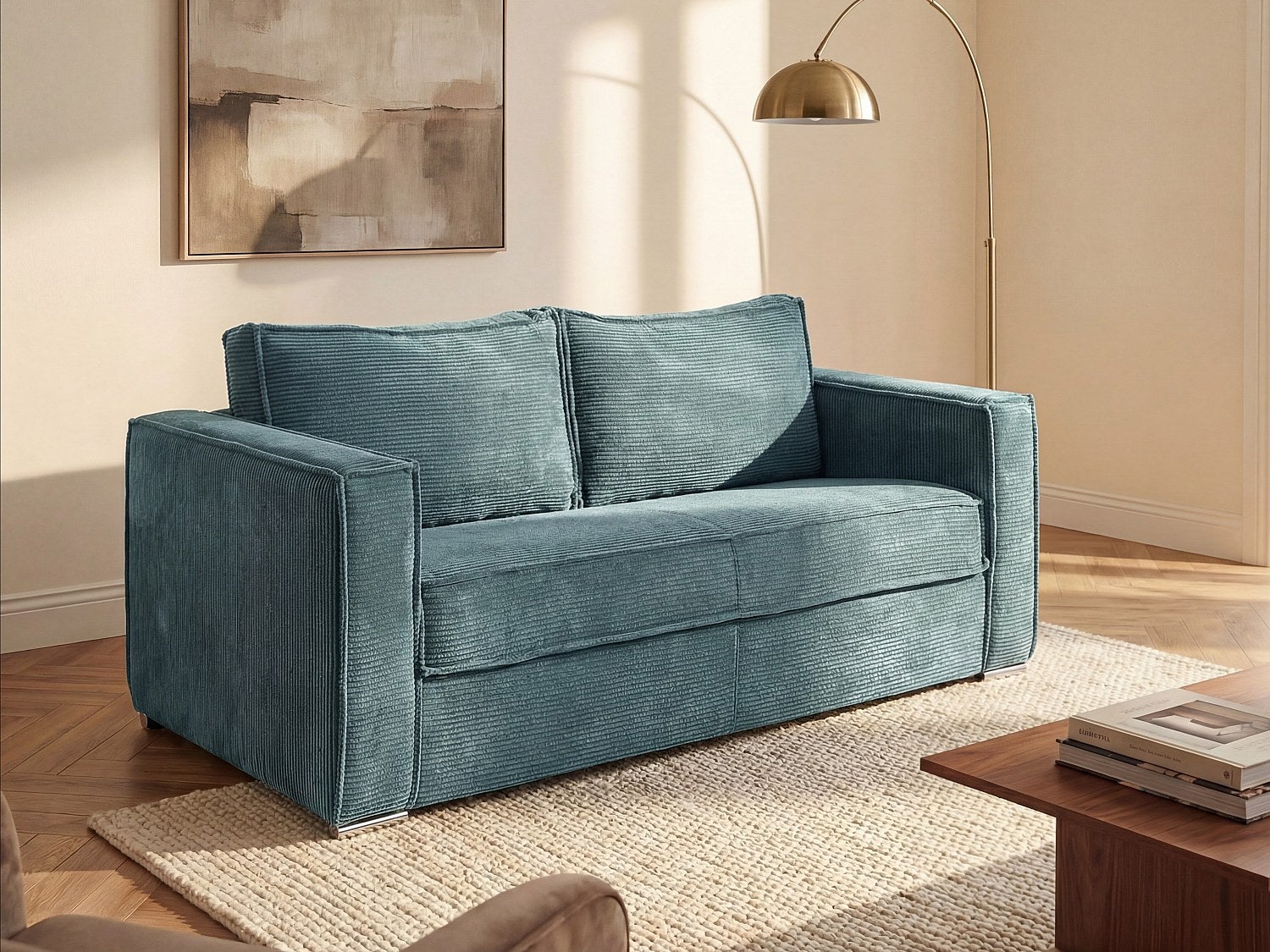 Kanapa 3-osobowa rozkładana typu express z turkusowego sztruksu - Miejsce do spania z szerokimi listewkami 140 cm - Materac 22 cm z pamięcią kształtu