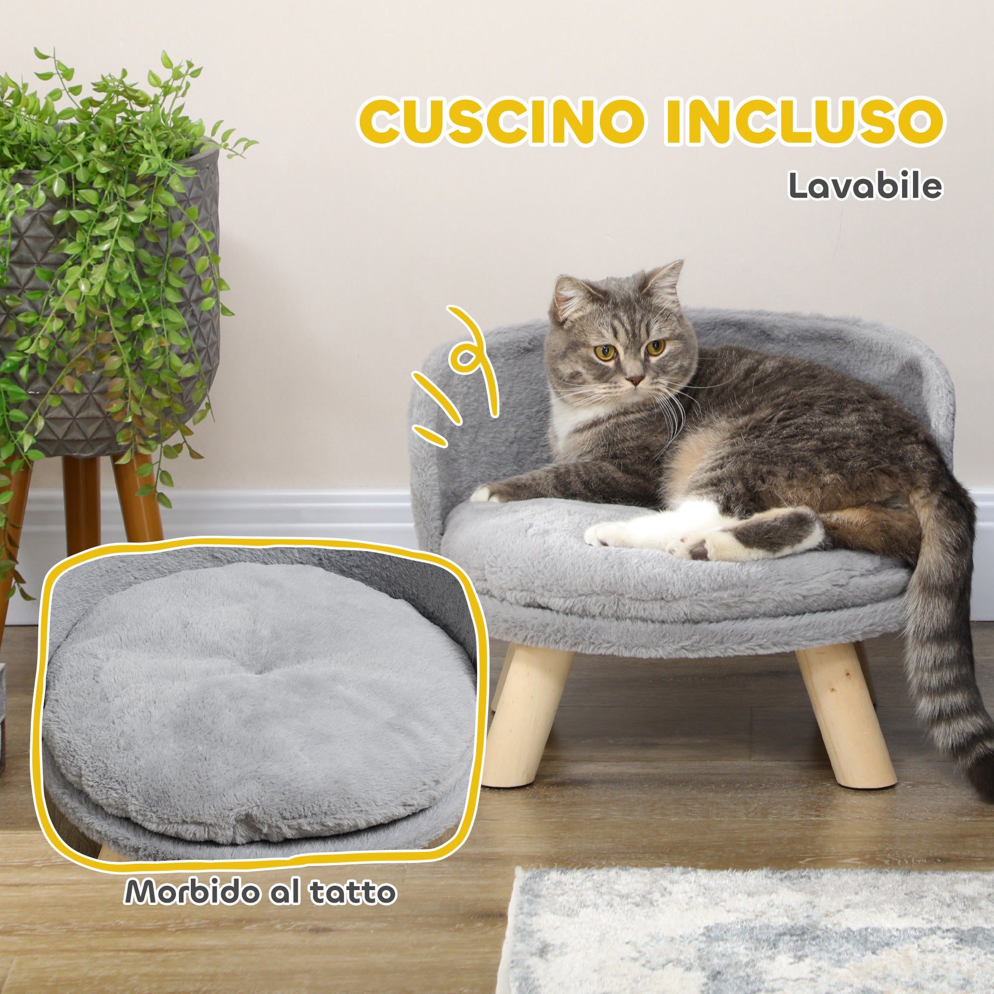 PawHut Divano per Gatti e Cani Rotondo in Peluche e Legno con Cuscino Extra, Ø40.5x33 cm, Grigio - 5