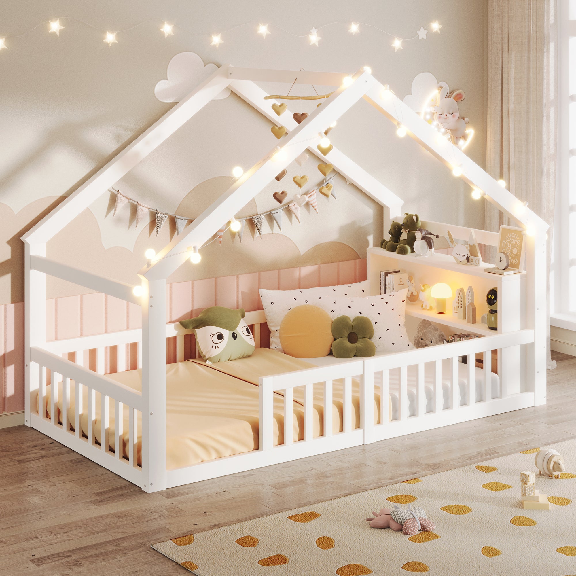 Lit cabane enfant Lit simple 90x200 cm avec barreaux de sécurité, design maison et étagère intégrée - Structure en pin - blanc - 5