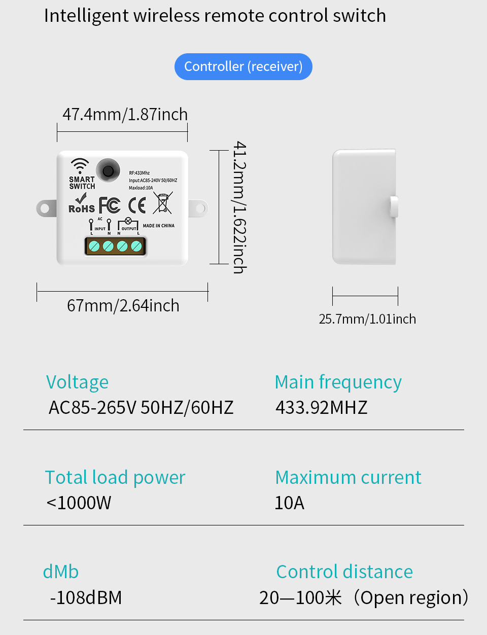 Interrupteur sans fil avec récepteur, 433 MHz, AC85-265 V, interrupteur va-et-vient sans fil, interrupteur d'éclairage sans fil, aucun câblage requis - 5