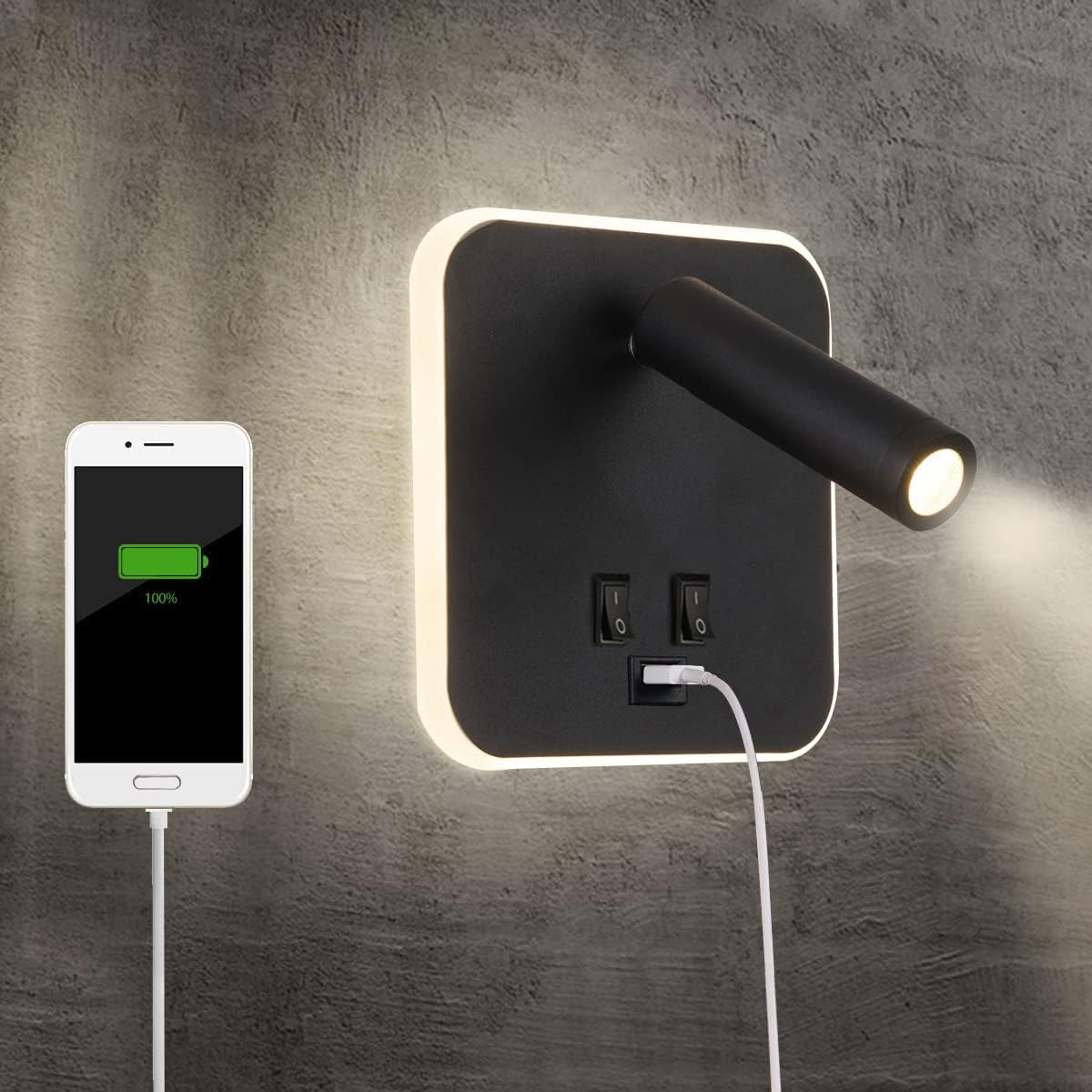 Lampka nocna LED z portem ładowania USB, lampa ścienna do wnętrz, z przełącznikiem, czarna, 3 W + 10 W (kwadratowe USB)