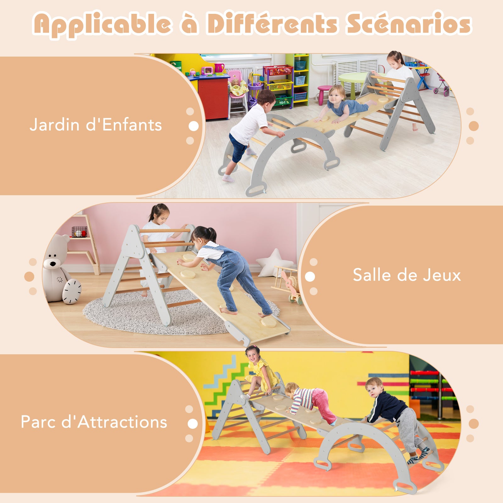 7 en 1 Triangle Arche Montessori, Arche d'escalade Enfants avec Toboggan Bois,Rampe, Échelle Réglable, pour Tout-Petits Bébé 1 Ans+(Gris Naturel) - 8