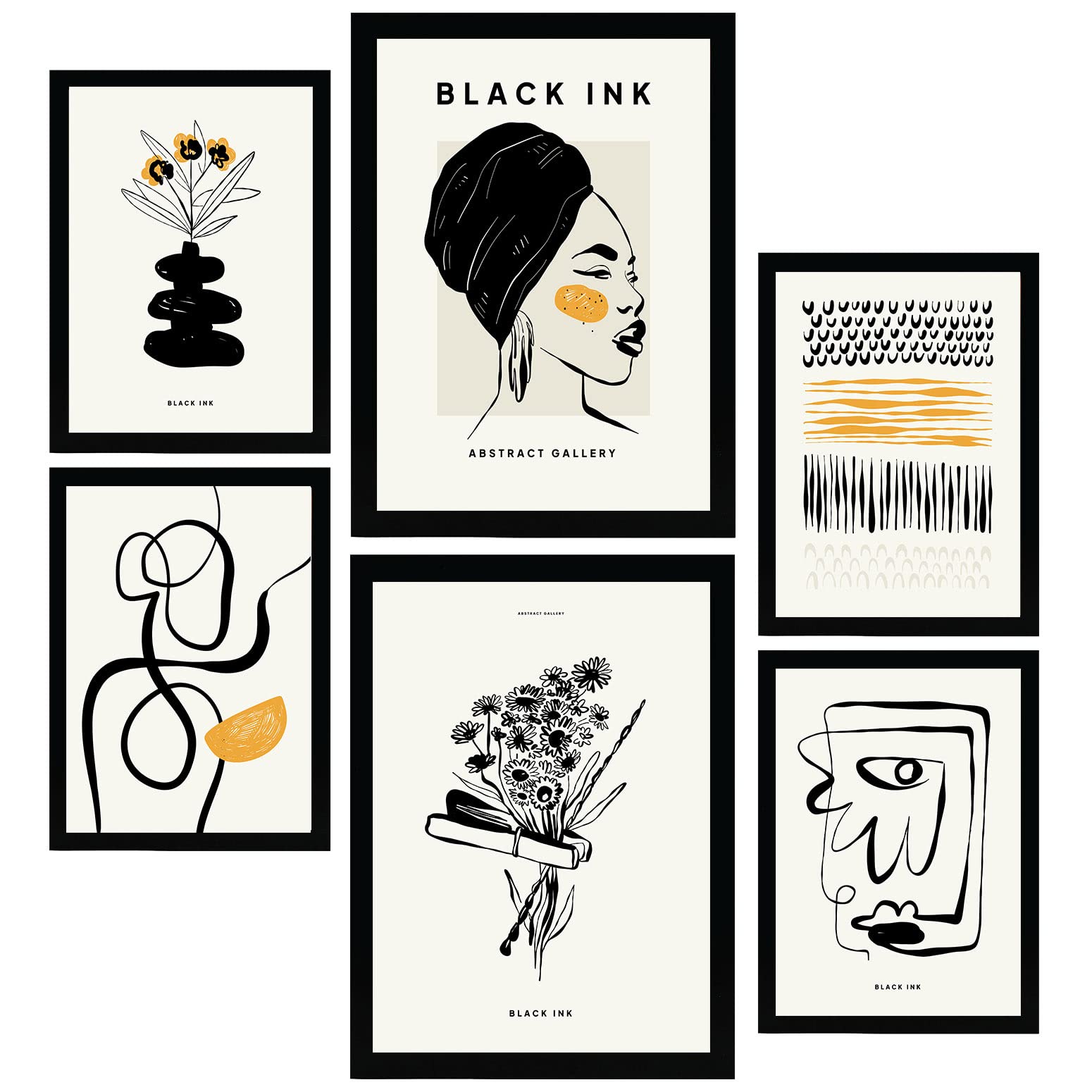 Nacnic set de 6 posters en tinta negra natural láminas artísticas y abstractas para el diseño y decoración de interiores tamaños a3 & a4 marco negro