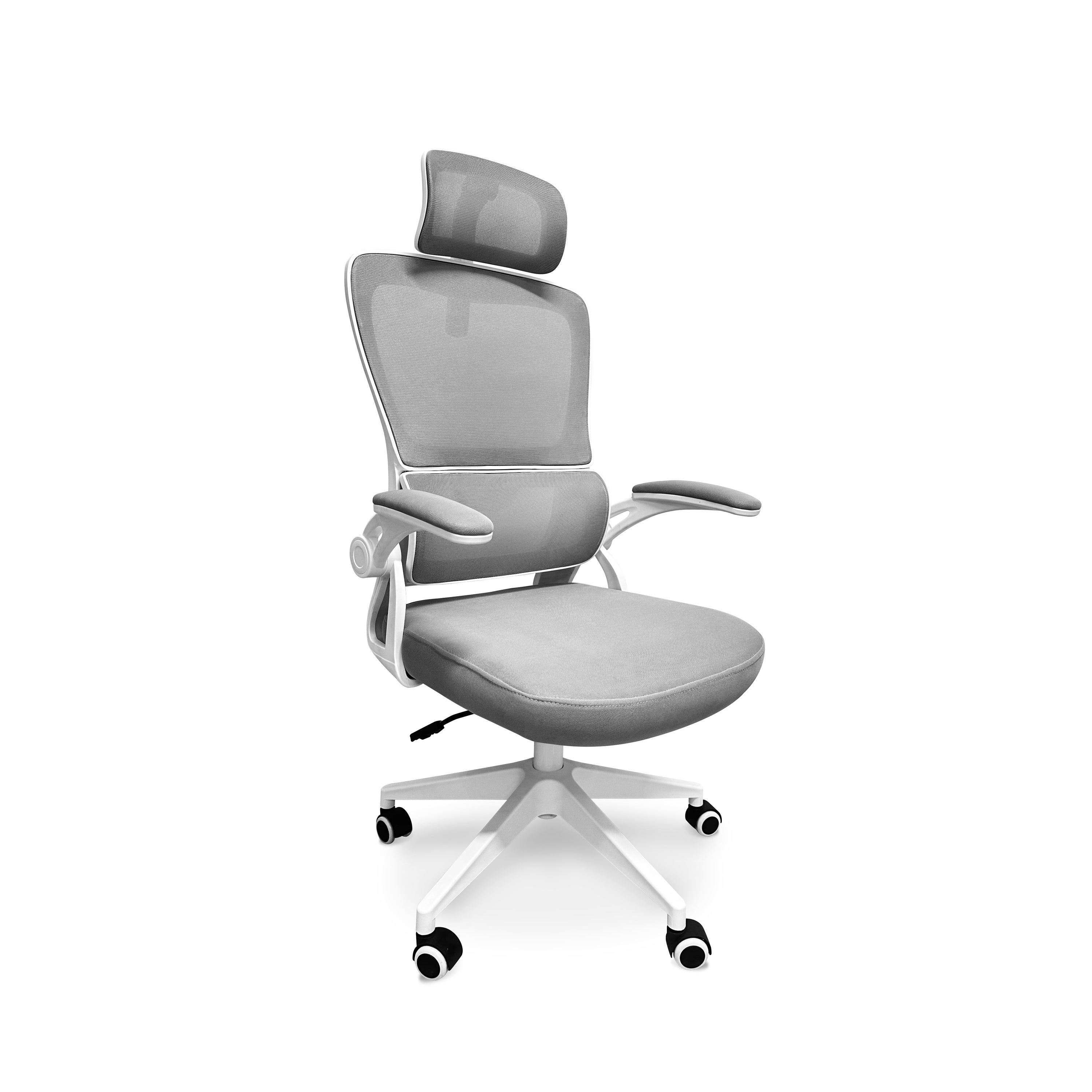 Lyn - Sedia da ufficio ergonomica ad altezza regolabile, dotata di poggiatesta, imbottitura lombare e ruote girevoli - colore bianco e grigio | Leroy Merlin