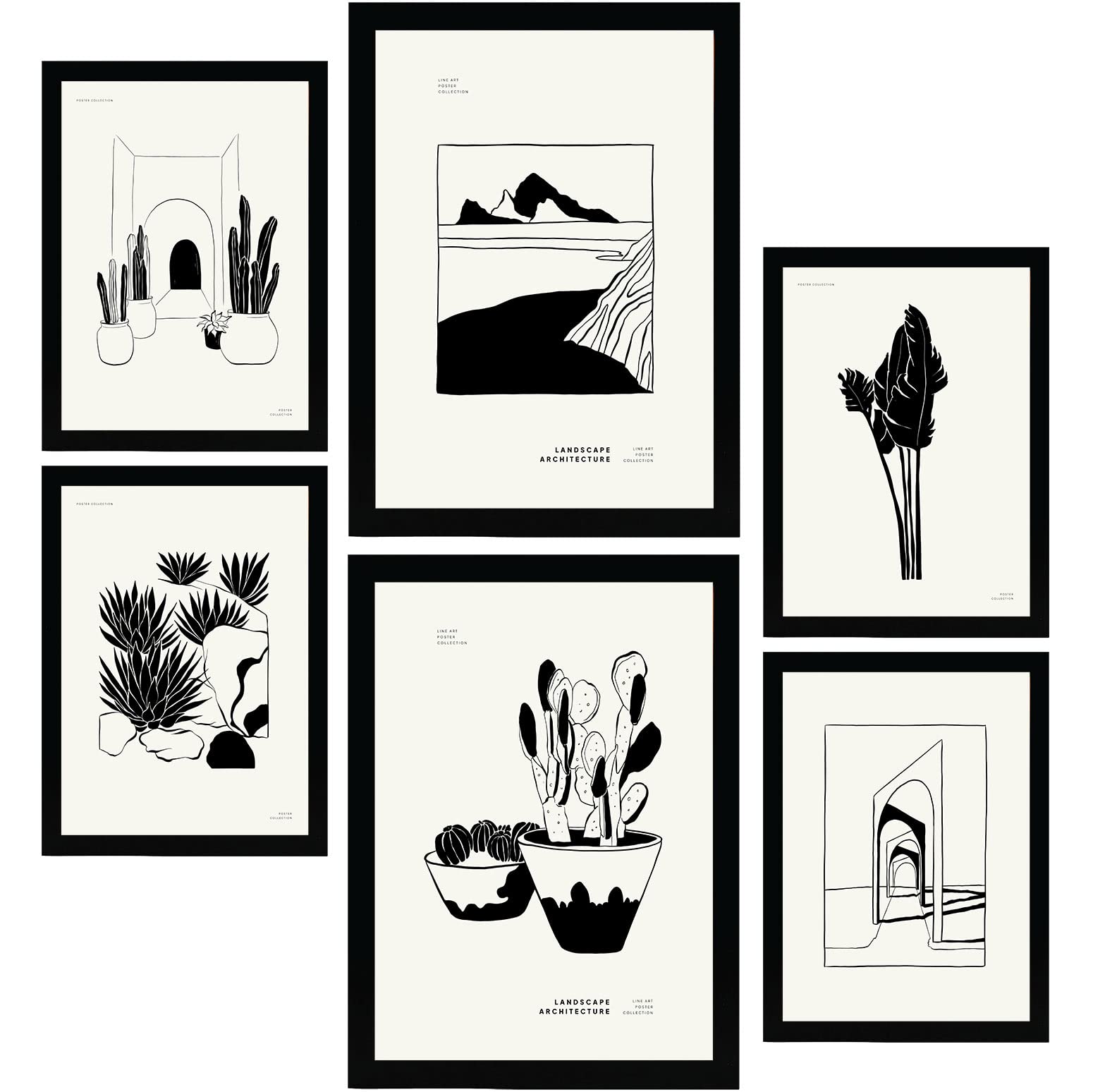 Nacnic set de 6 posters en tinta negra cactus en macetas láminas artísticas y abstractas para el diseño y tamaños a3 & a4 marco negro
