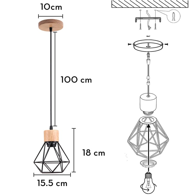 Lot de 2 lustres industriels, plafonniers cage en métal, suspension vintage, lampe suspendue, longueur de corde de suspension réglable (sans ampoule) - 4