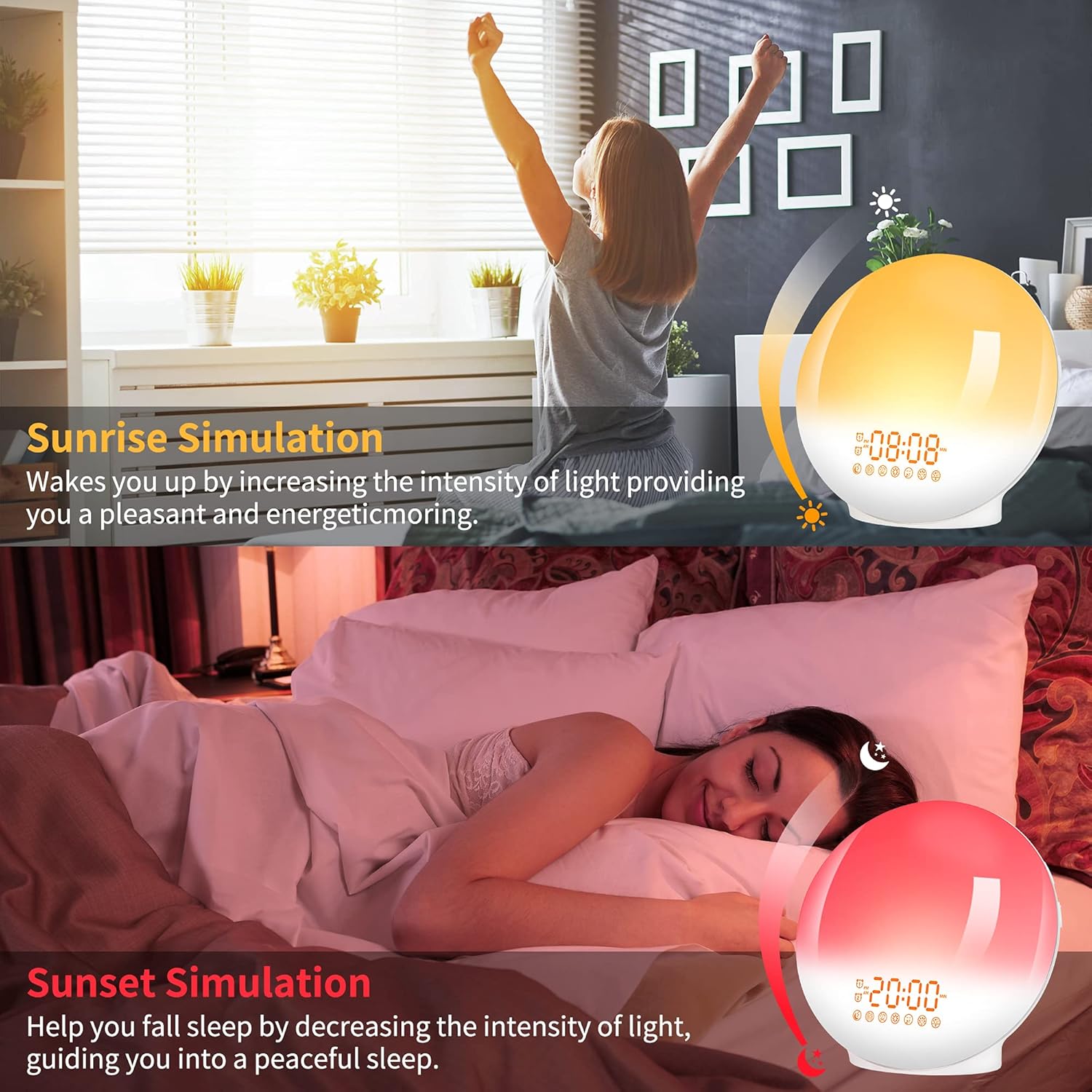 1PC Budzik radiowy LED z budzikiem, poranna jasna lampka nocna, 20 poziomów jasności, symulator świtu i zmierzchu, 2 budziki, 7 dźwięków - 5