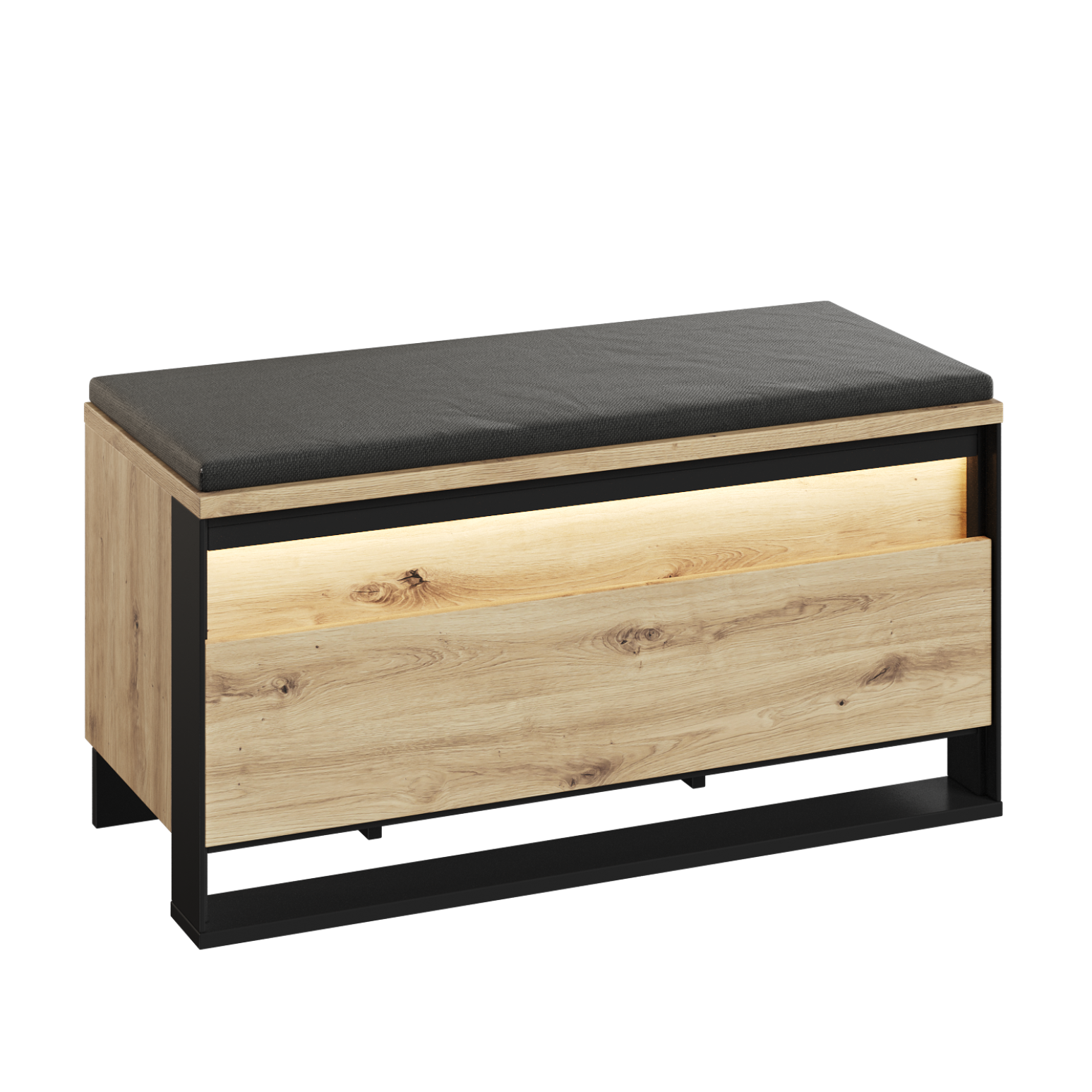 Szafka na buty z siedziskiem QUARO 92 cm z LED – dąb artisan, do przedpokoju