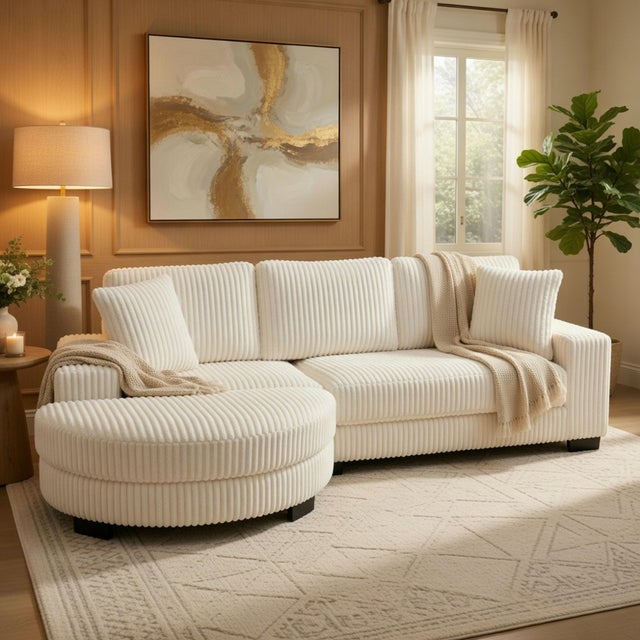 Canapé d'angle L 4 places modulaire velours côtelé pouf ovale 2 coussins beige 256,5/133,5/89 cm