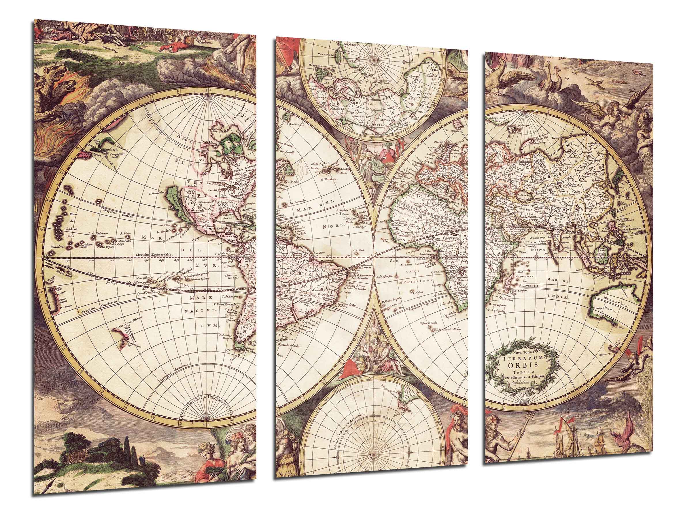 Mapa mundi antiguo, mapa vintage, impresión fotográfica sobre madera, cuadro moderno decorativo