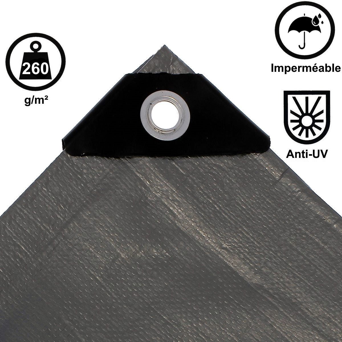 Bâche de protection grise ultra résistante - 260 g/m² - 2 x 4 mètres - 2