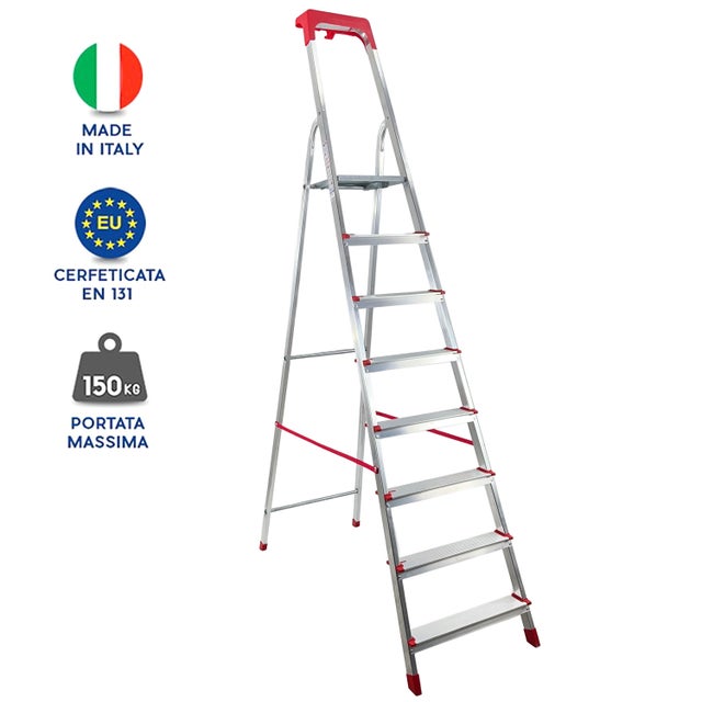 Scala Domestica in Alluminio Martina 8 Gradini Leggera Portatile Scaletto con Vaschetta Portaoggetti Pieghevole Robusta Salvaspazio portata 150kg