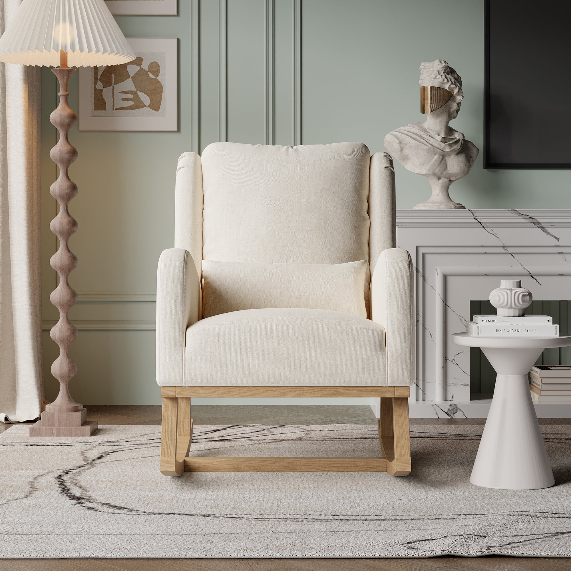 Rocking chair, avec poche latérale, dossier haut, coussin lombaire, accoudoirs, cadre en bois, fauteuil à bascule pour l'allaitement - Beige - 3