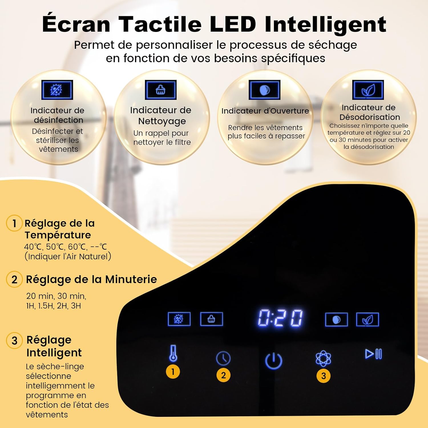 Kompaktowa suszarka elektryczna 2,5 kg, 800 W z bębnem ze stali nierdzewnej, ekranem dotykowym LED i inteligentnym suszeniem (elektronicznym) - 6