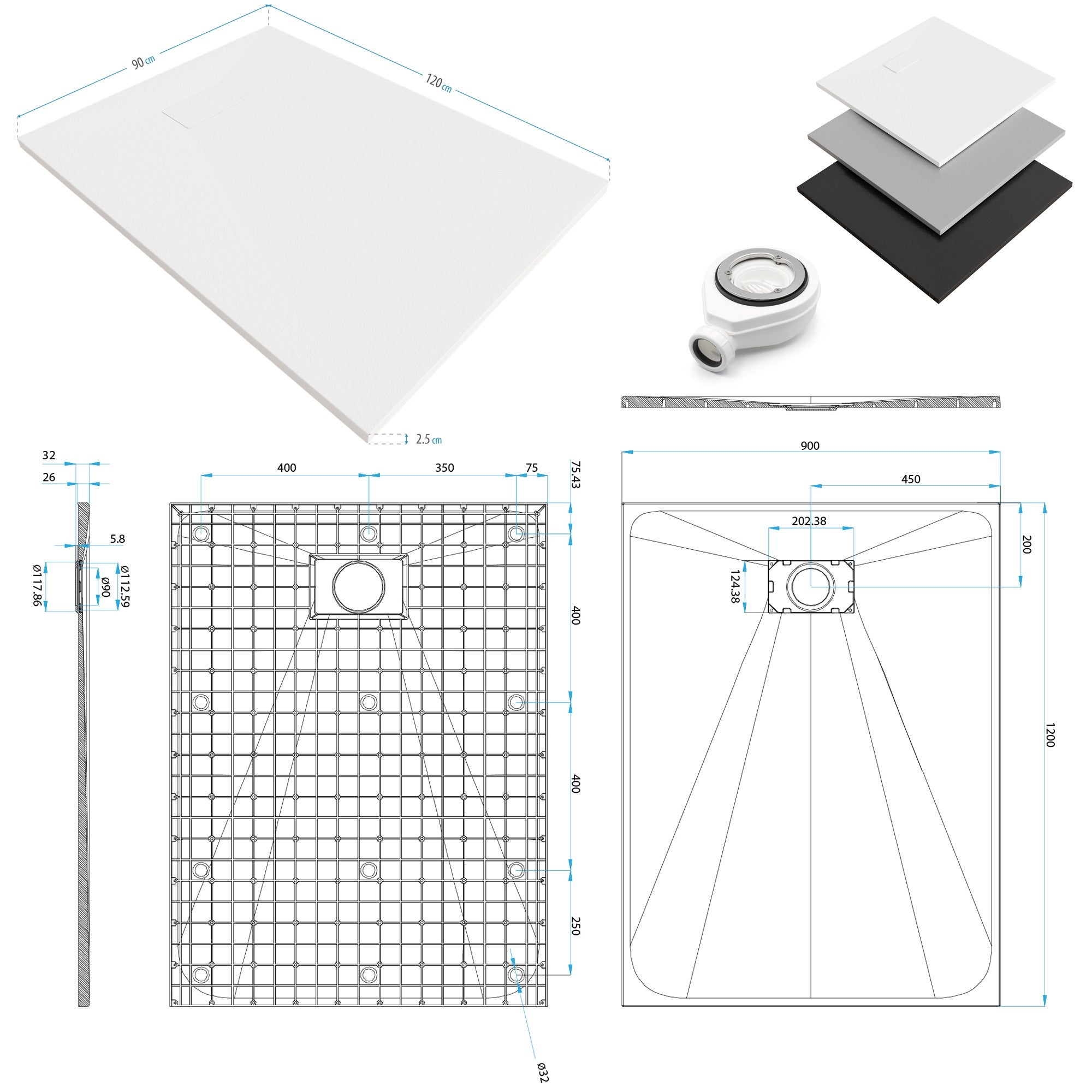 BAYA Receveur de douche 90 x 120 cm Blanc extra-plat aspect pierre + bonde incluse - 5