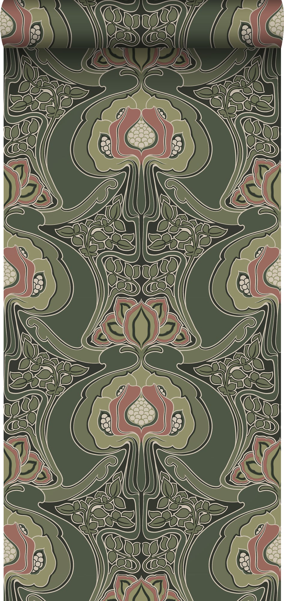 Tapeta vintage kwiaty w stylu secesyjnym ciemnej zieleni - 53 cm x 10.05 m - ESTAHOME