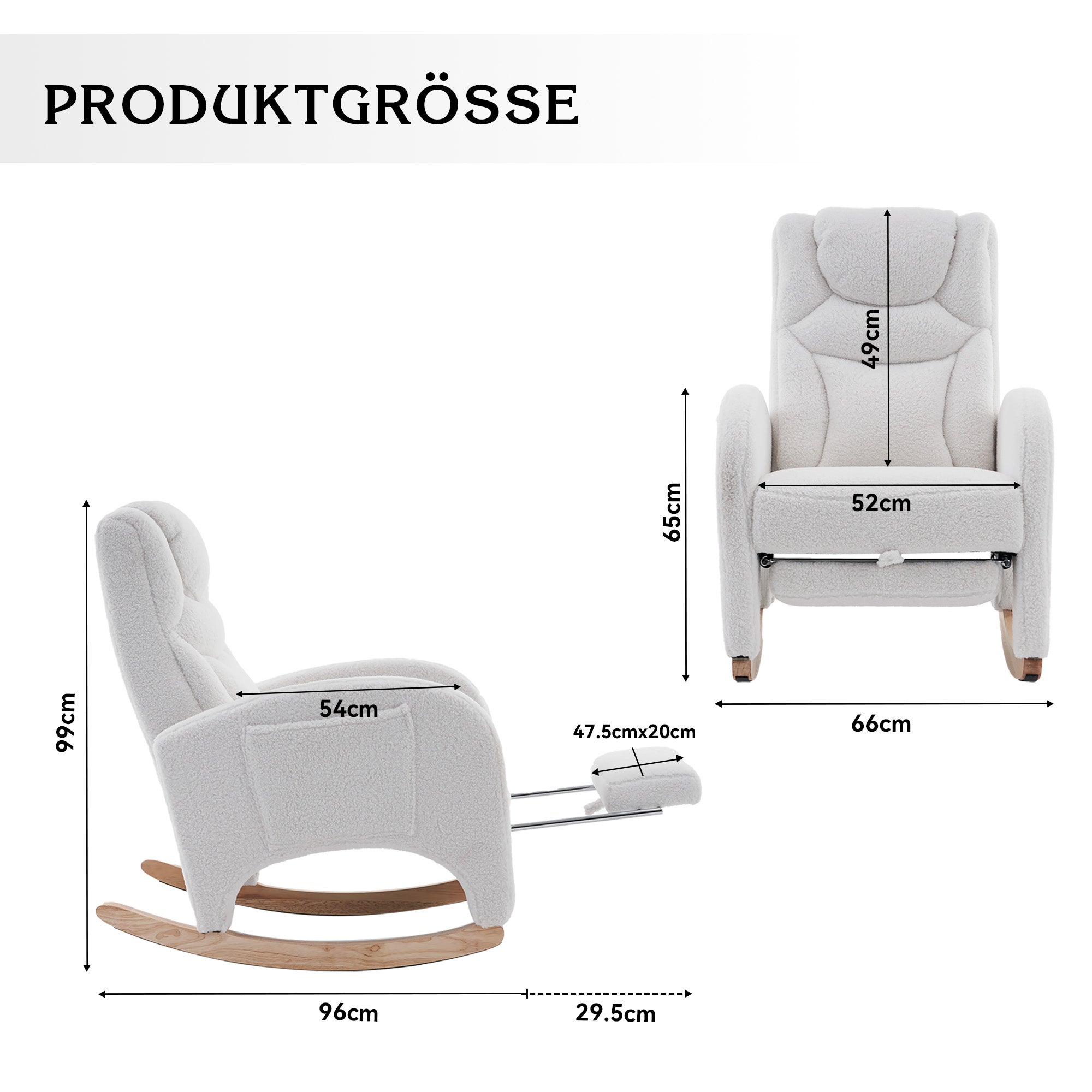 Cadeira de balanço poltrona amamentação 99x96x66 cm, apoio pés dobrável, pés madeira, tecido Teddy Branco - 4