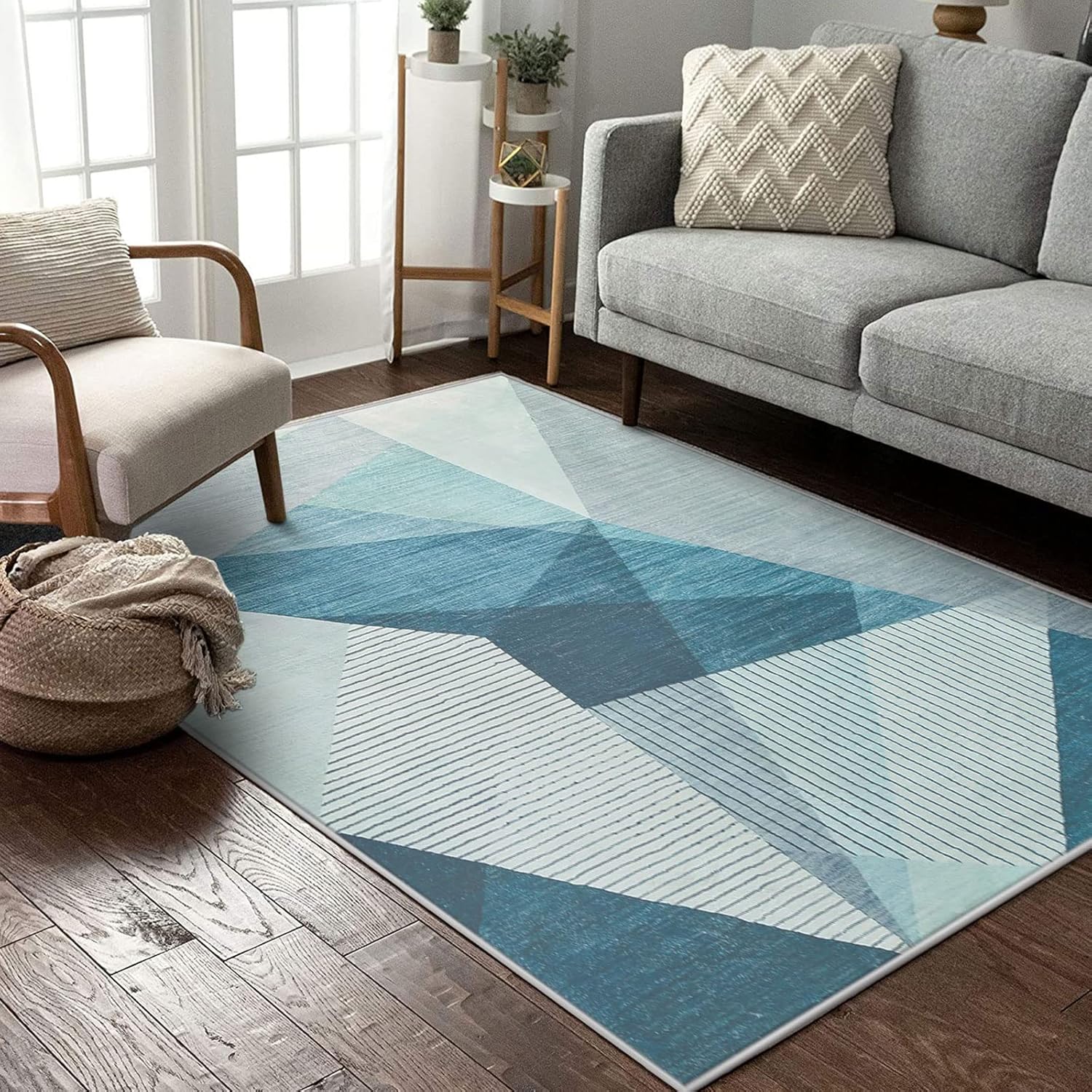 Tapis à motif géométrique pour salon, bleu, gris, moderne, abstrait, grand tapis de salon, antidérapant, doux, (bleu gris, 80 x 120 cm) - 2