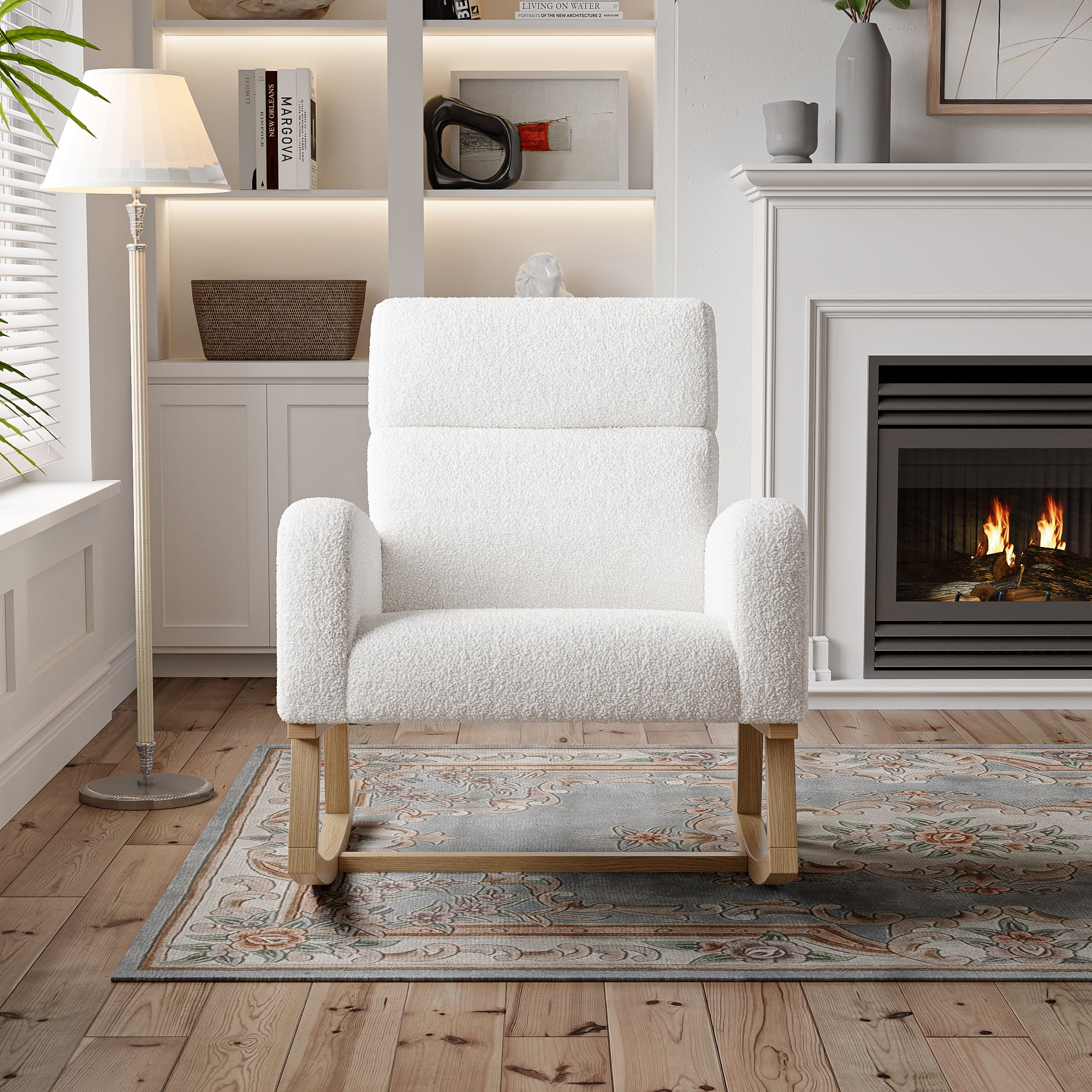 Fauteuil à Bascule, Rocking Chair en Tissu Teddy, Fauteuil Allaitement Scandinave, Chaise à Bascule en Bois Massif pour Salon, Chambre, Balcon, Blanc - 3