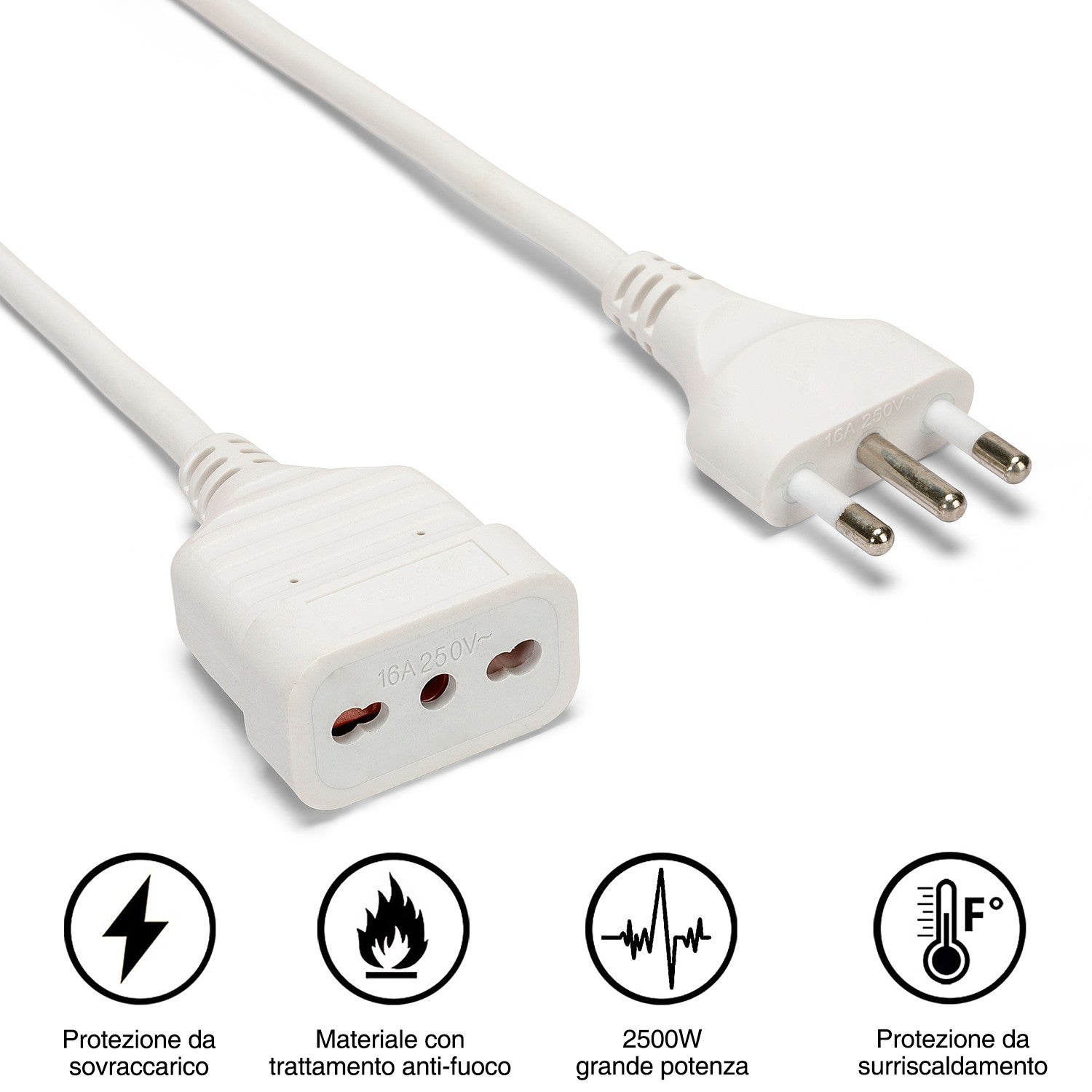 Rallonge italienne 3 m: fiche et prise 10A, blanc - câble 3G0,75 mm² - 7