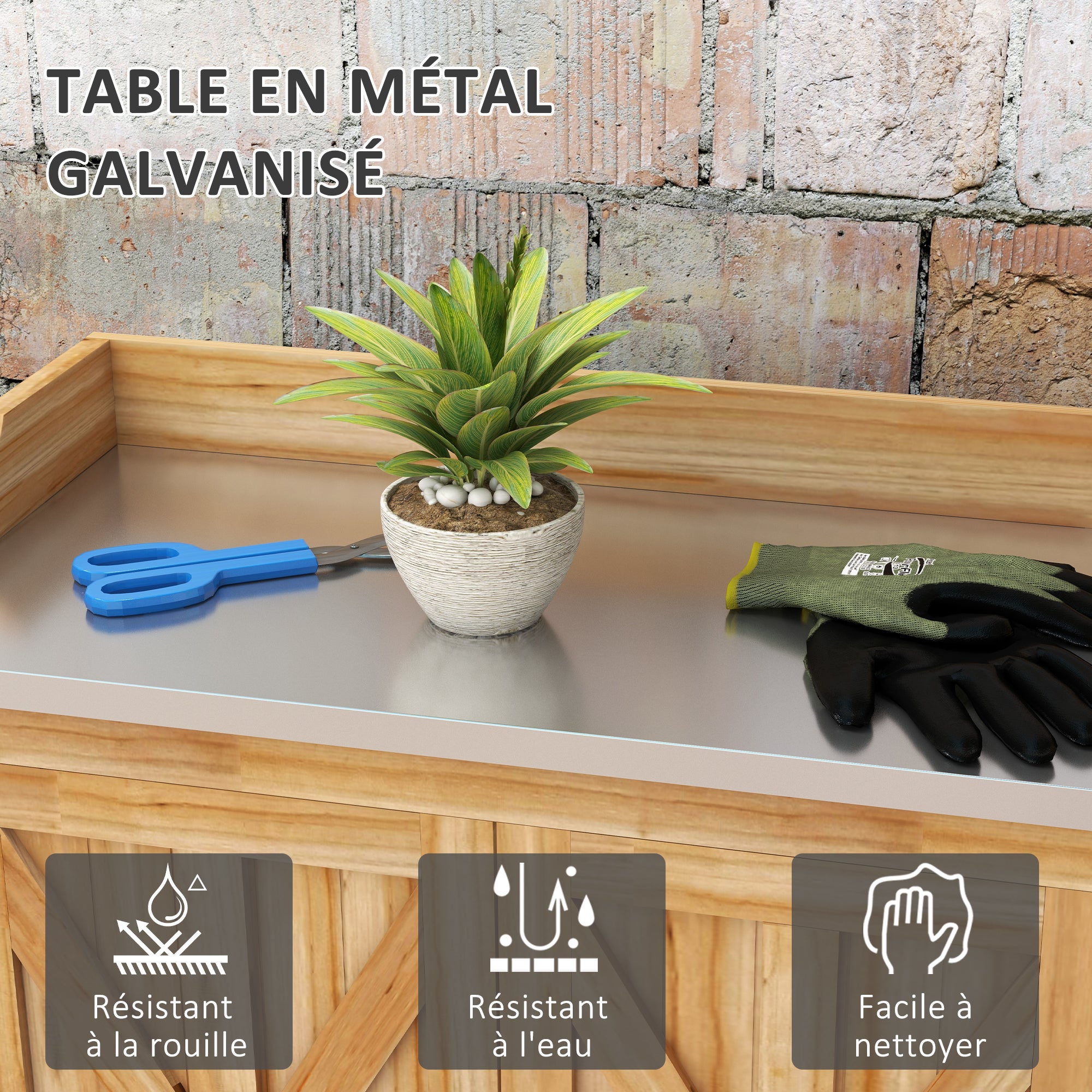 Table de rempotage armoire de rangement avec 2 étagères, plateau galvanisé patins antidérapants en bois sapin - 7
