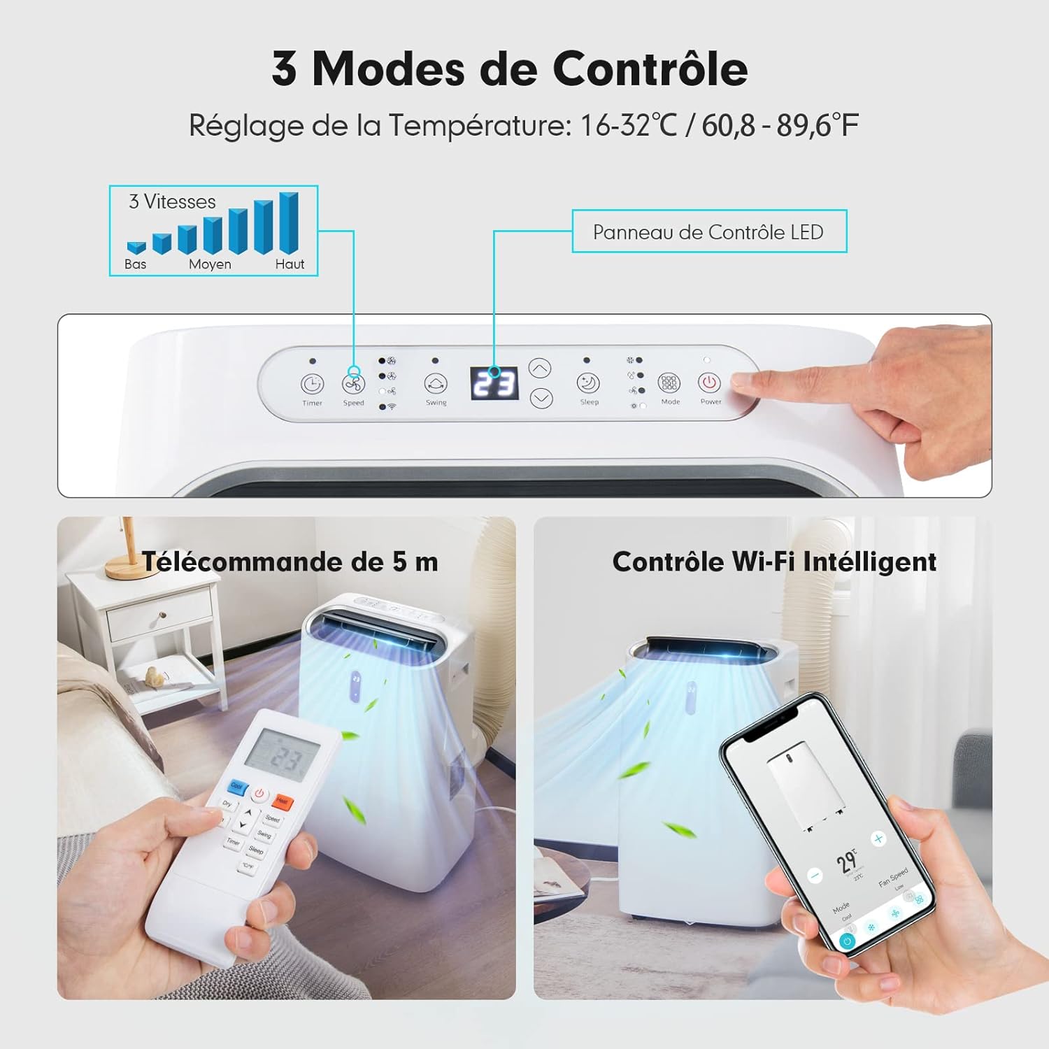 Climatiseur Mobile 4,1 kW/14000BTU-40㎡-R290 - Refroidissement, Chauffage, Déshumidification, Ventilation, Minuterie 24H, Classe A, Télécommande/Wifi - 3